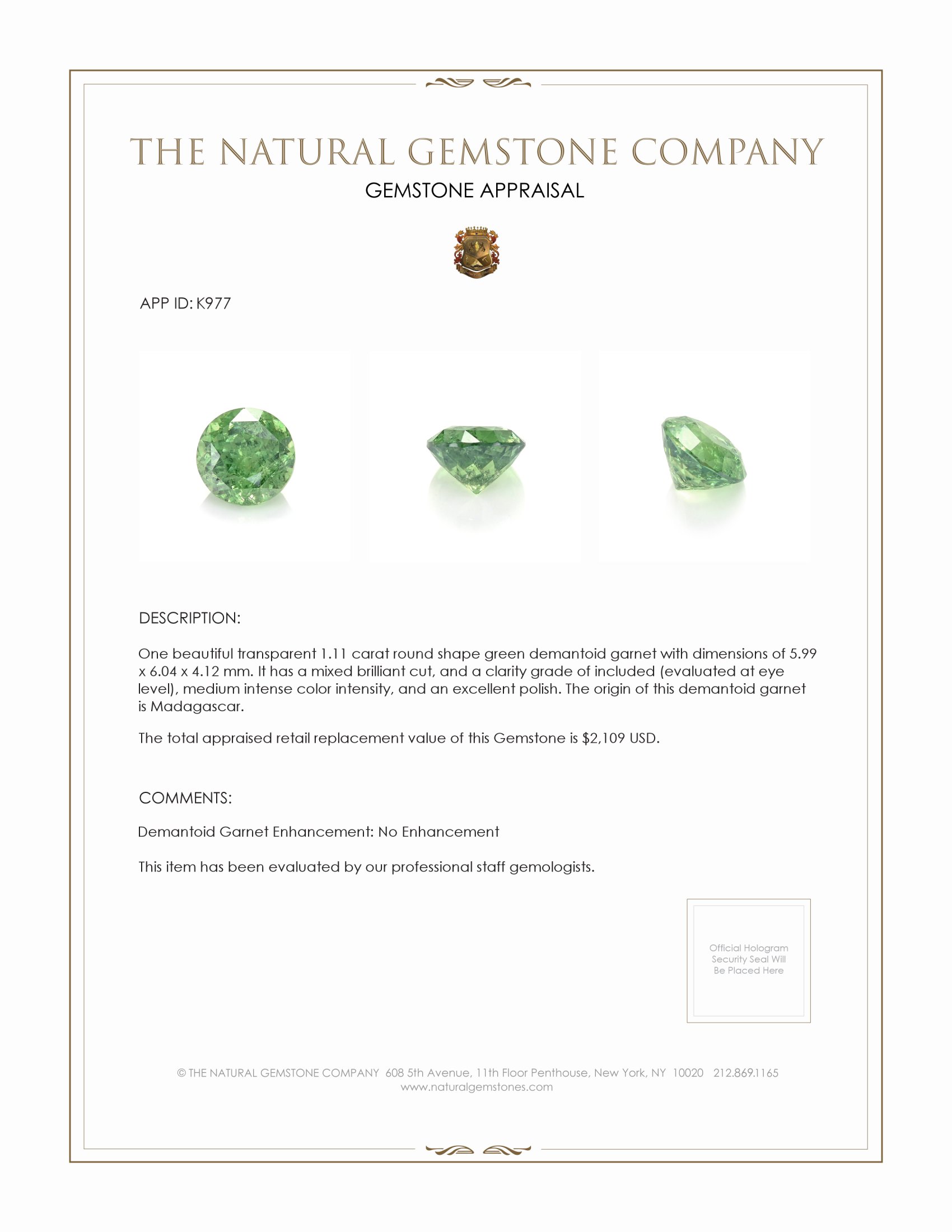 1.11 Ct. Demantoid Garnet from Madagascar