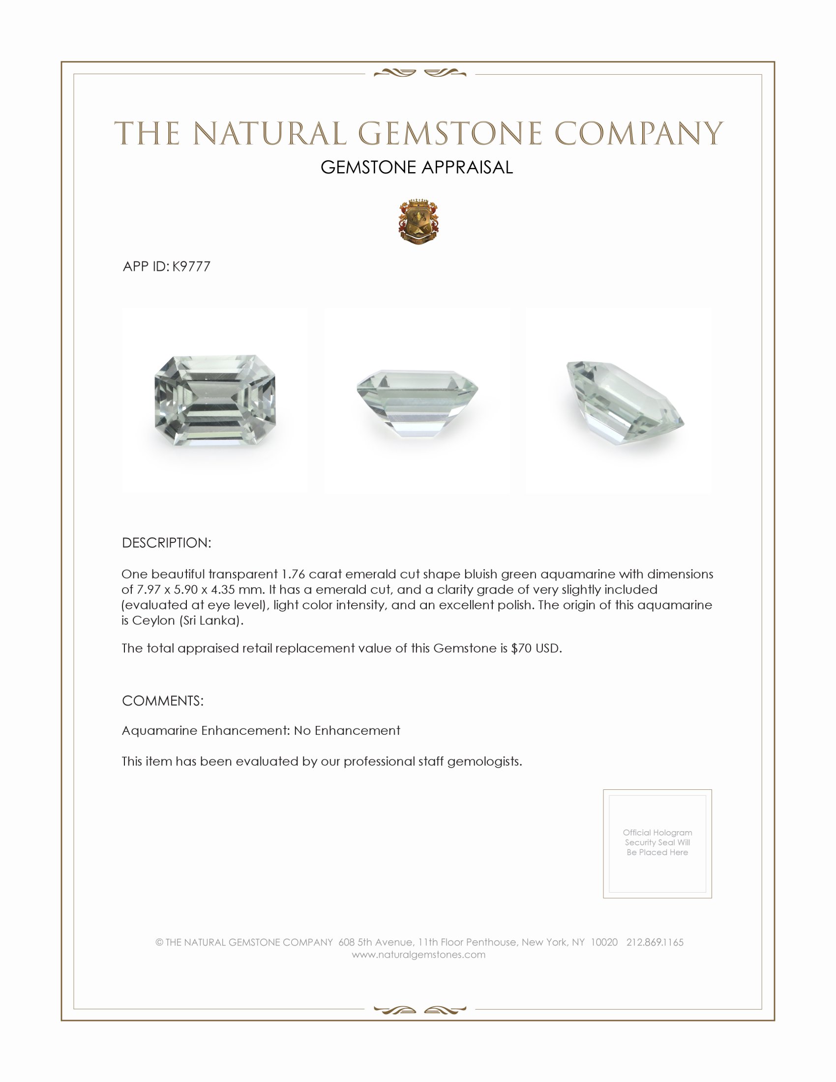 1.76 Ct. Beryl from Ceylon (Sri Lanka)