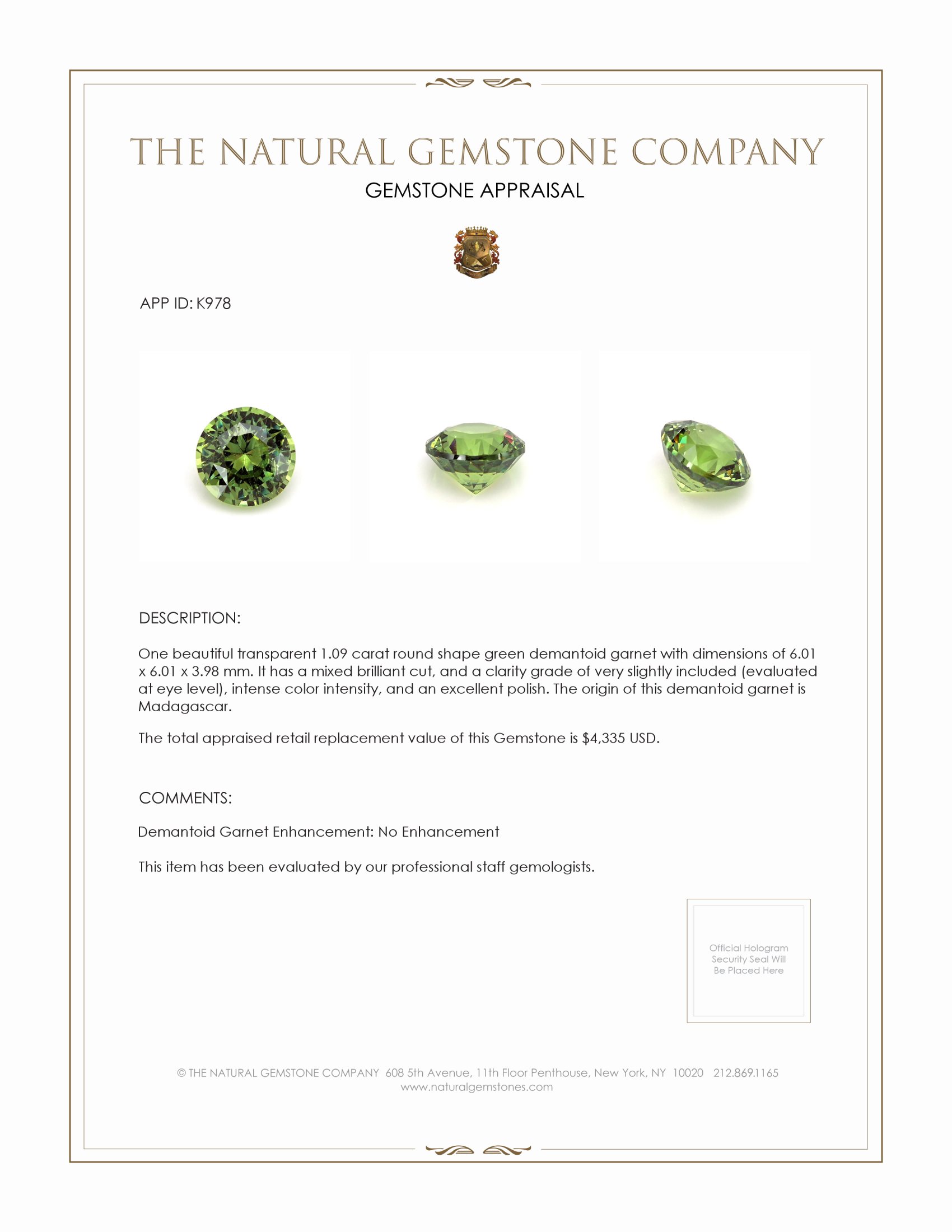1.09 Ct. Demantoid Garnet from Madagascar