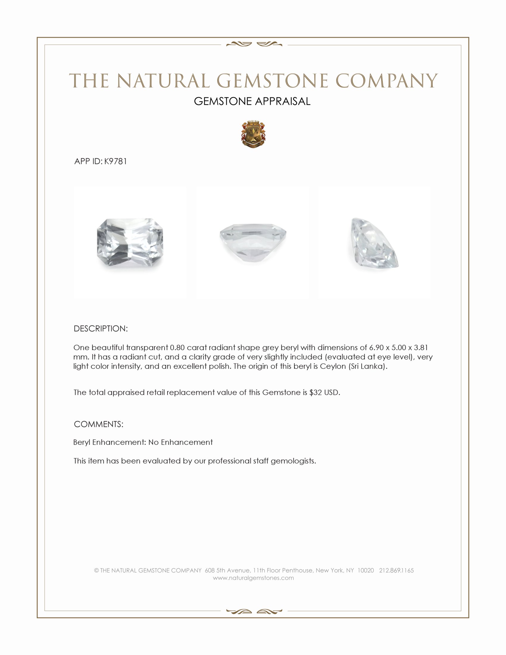 0.80 Ct. Beryl from Ceylon (Sri Lanka)