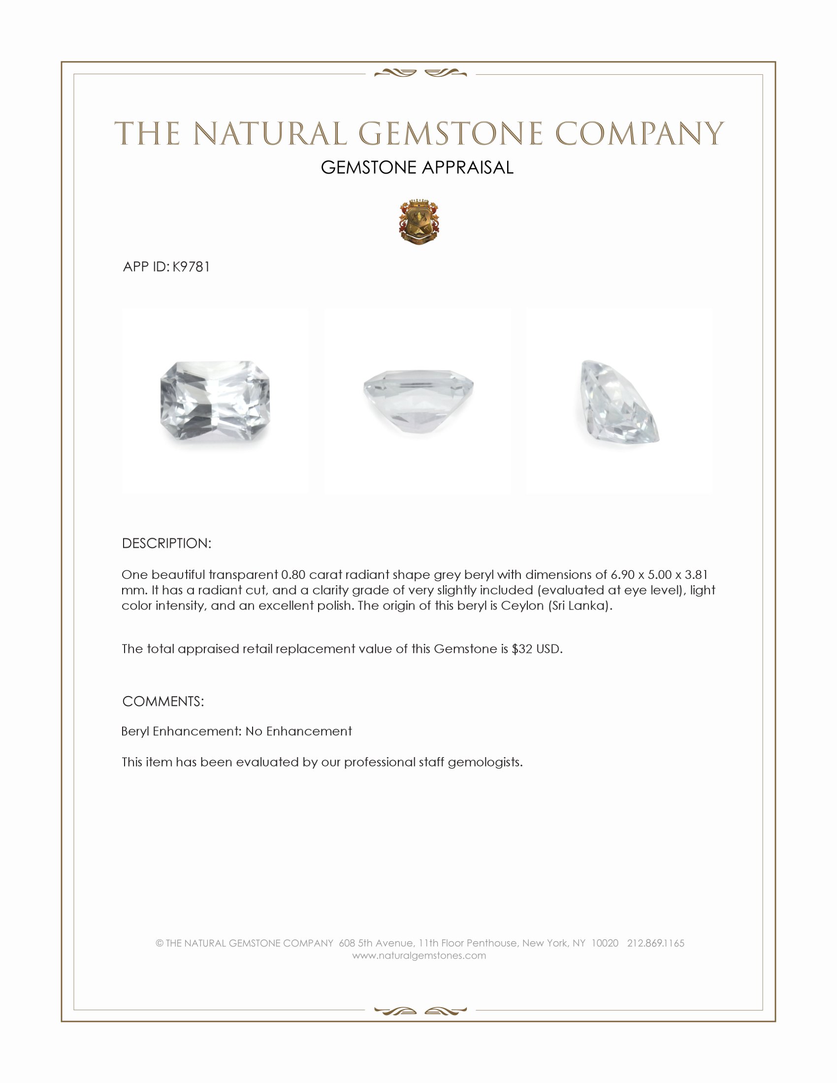 0.80 Ct. Beryl from Ceylon (Sri Lanka)