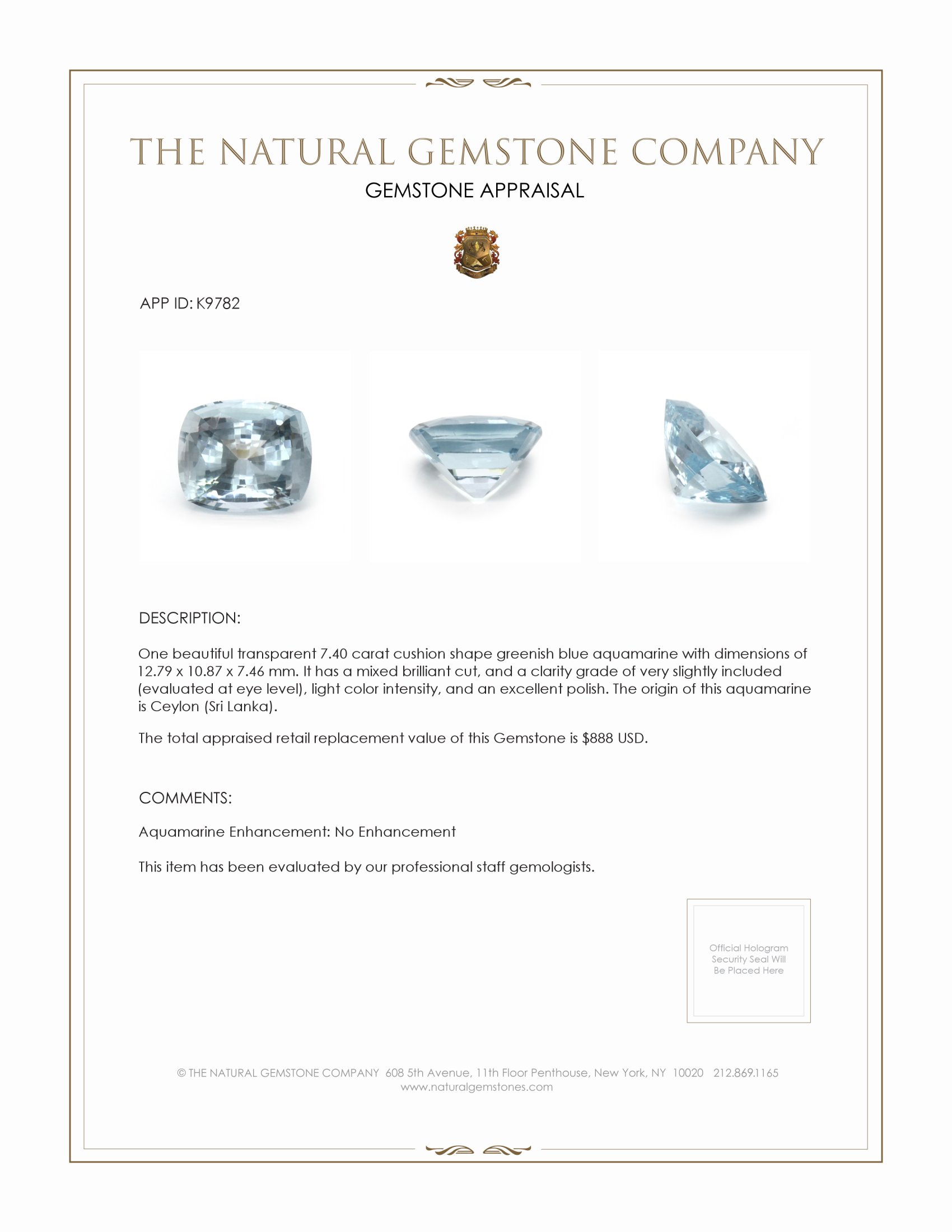7.40 Ct. Aquamarine from Ceylon (Sri Lanka)