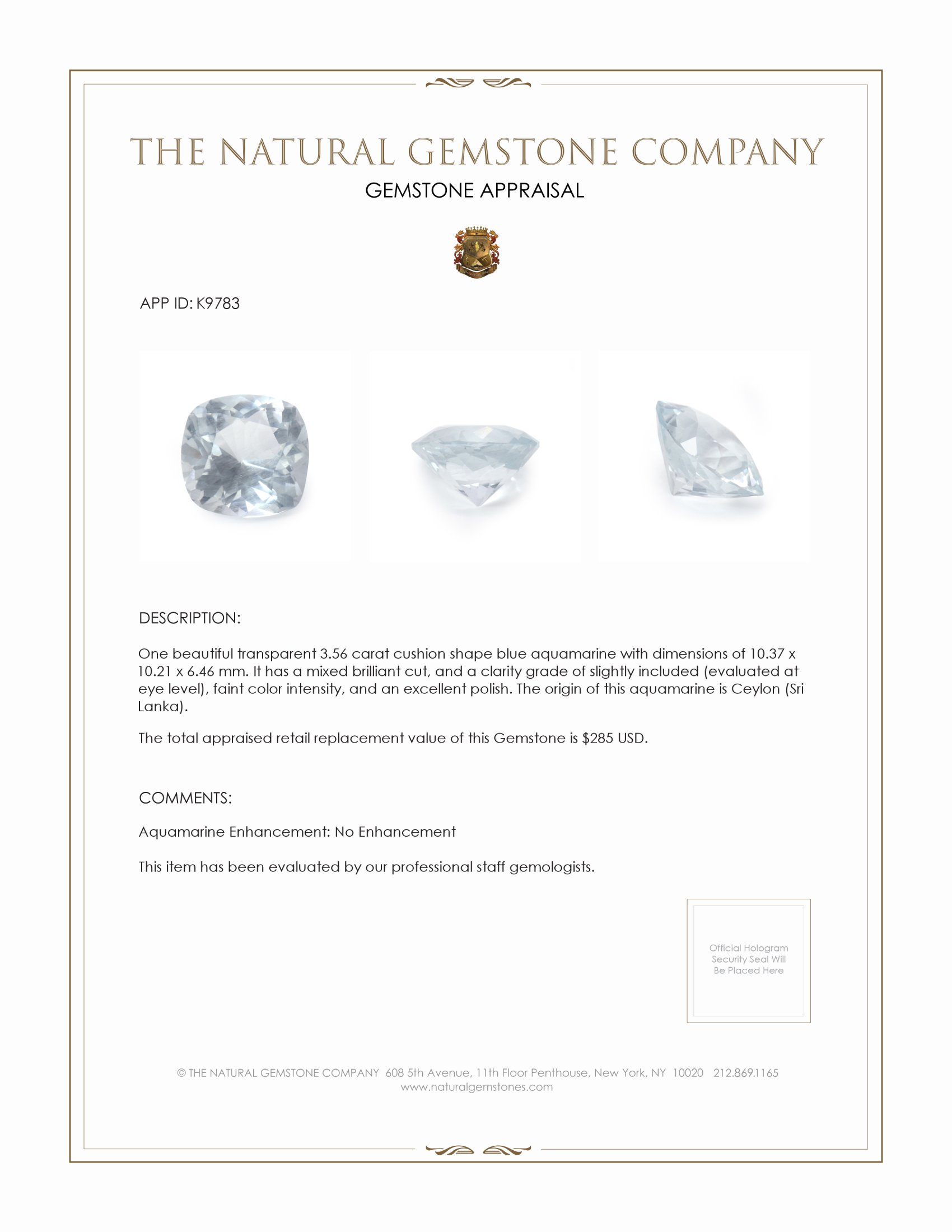 3.56 Ct. Aquamarine from Ceylon (Sri Lanka)