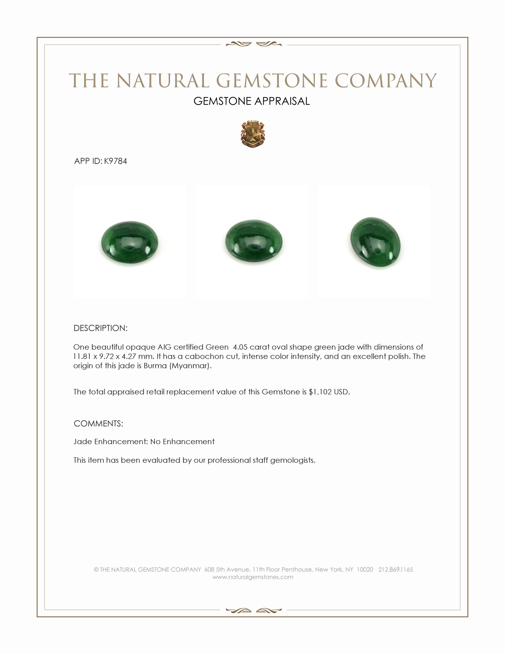 4.05 Ct. Green Cabochon Jade from Burma (Myanmar)