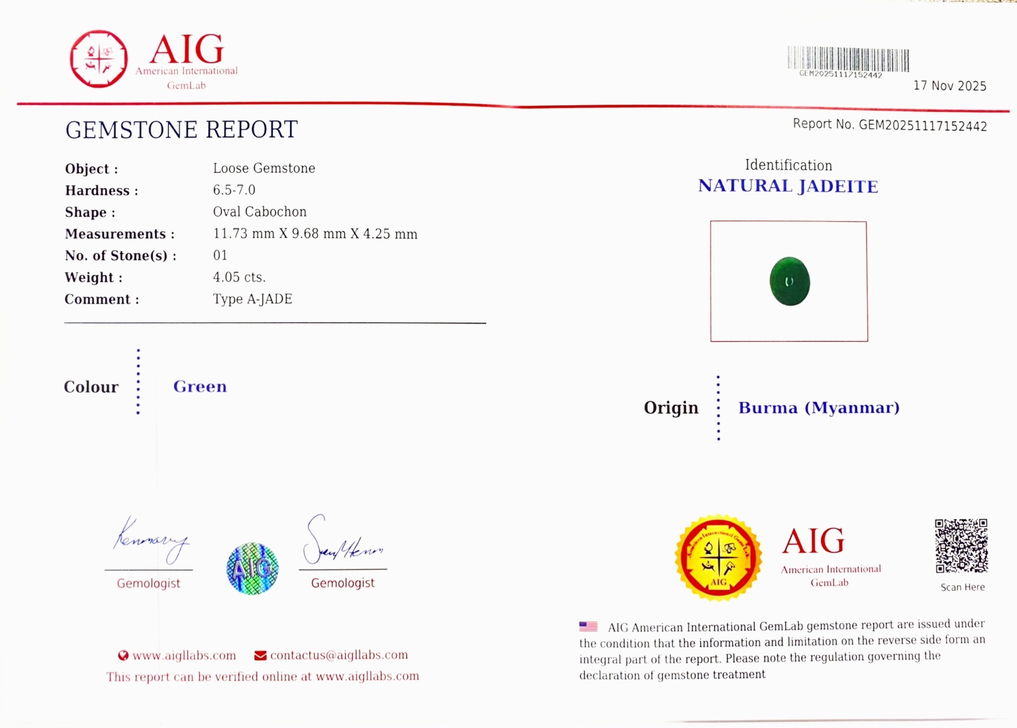 4.05 Ct. Cabochon Jade from Burma (Myanmar)