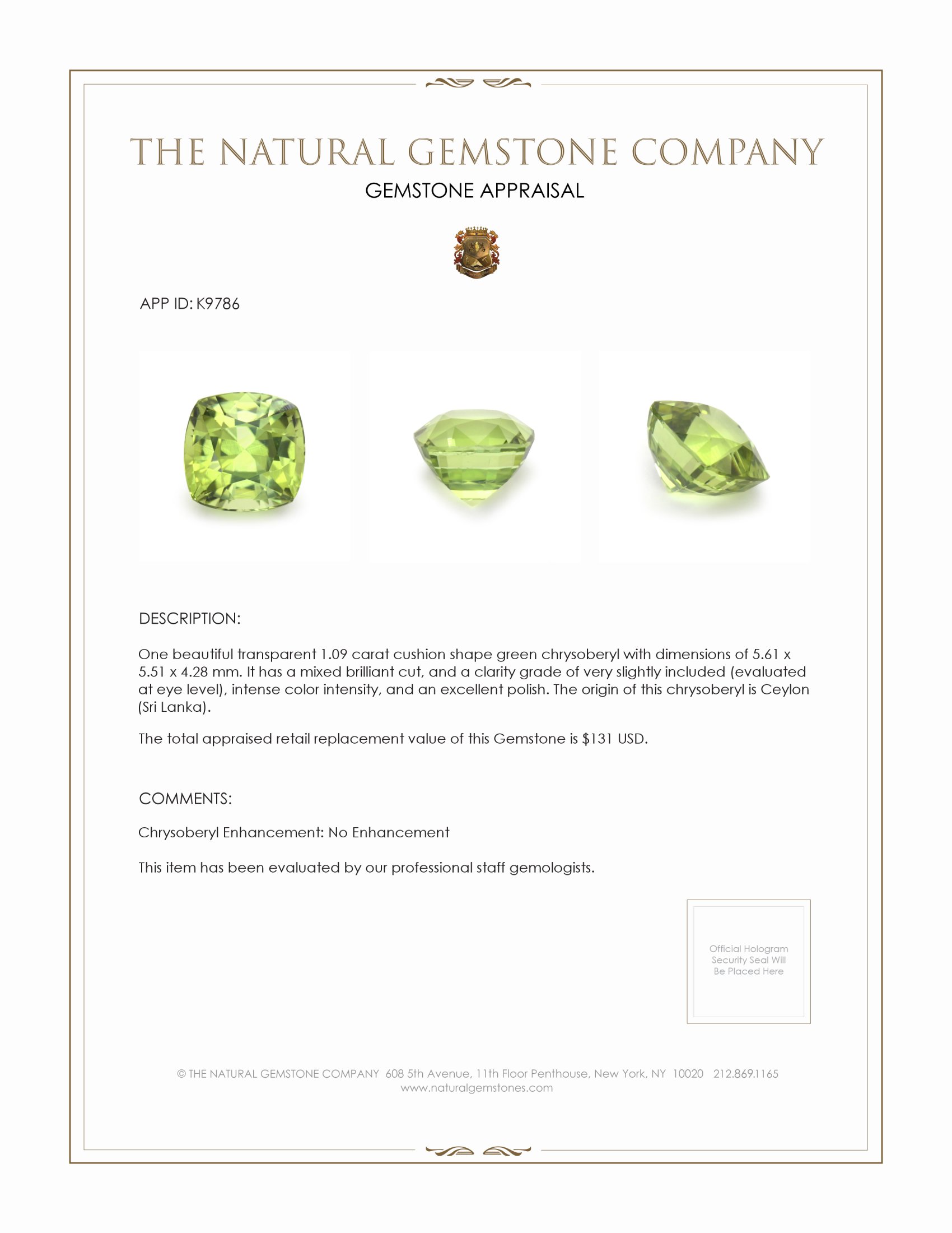 1.09 Ct. Chrysoberyl from Ceylon (Sri Lanka)