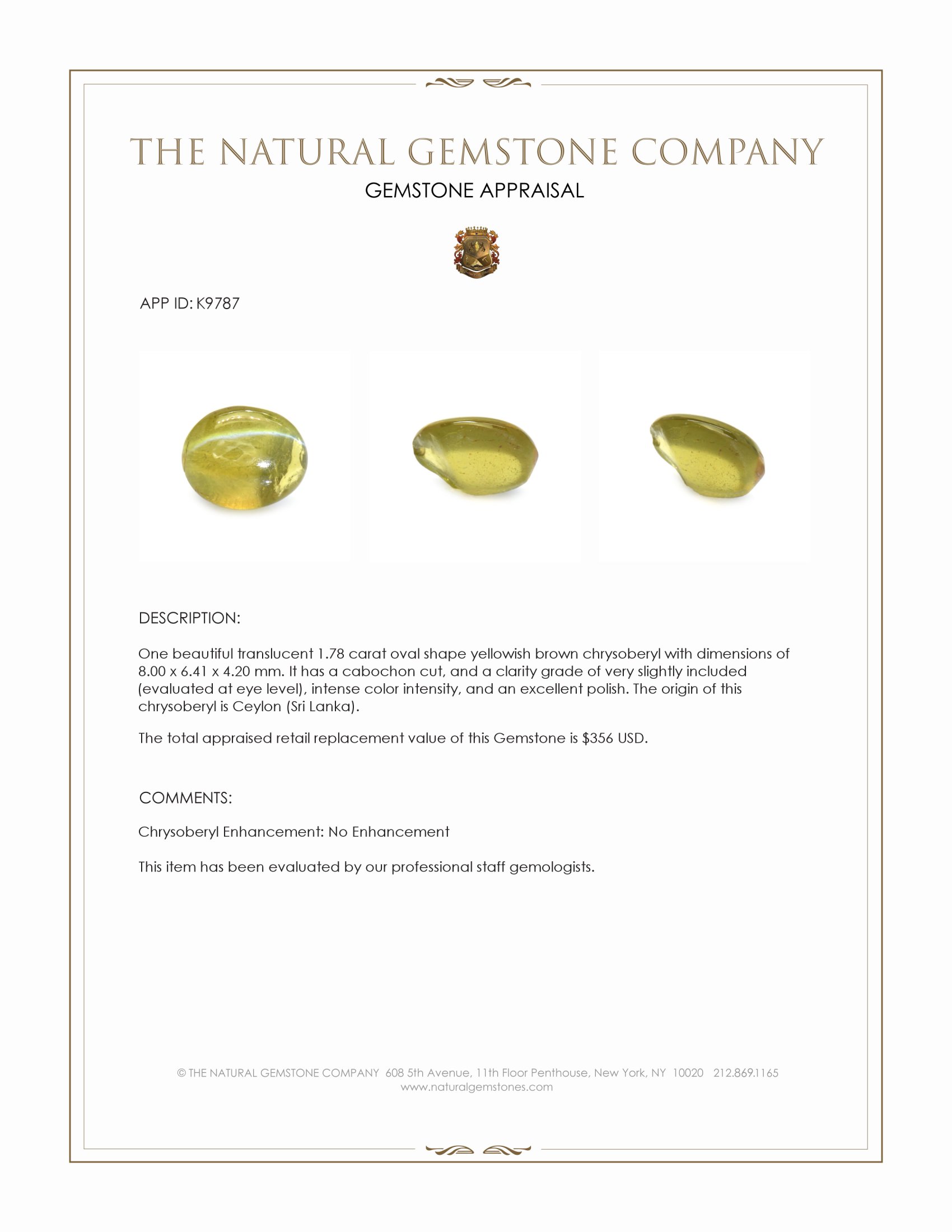 1.78 Ct. Cabochon Chrysoberyl from Ceylon (Sri Lanka)