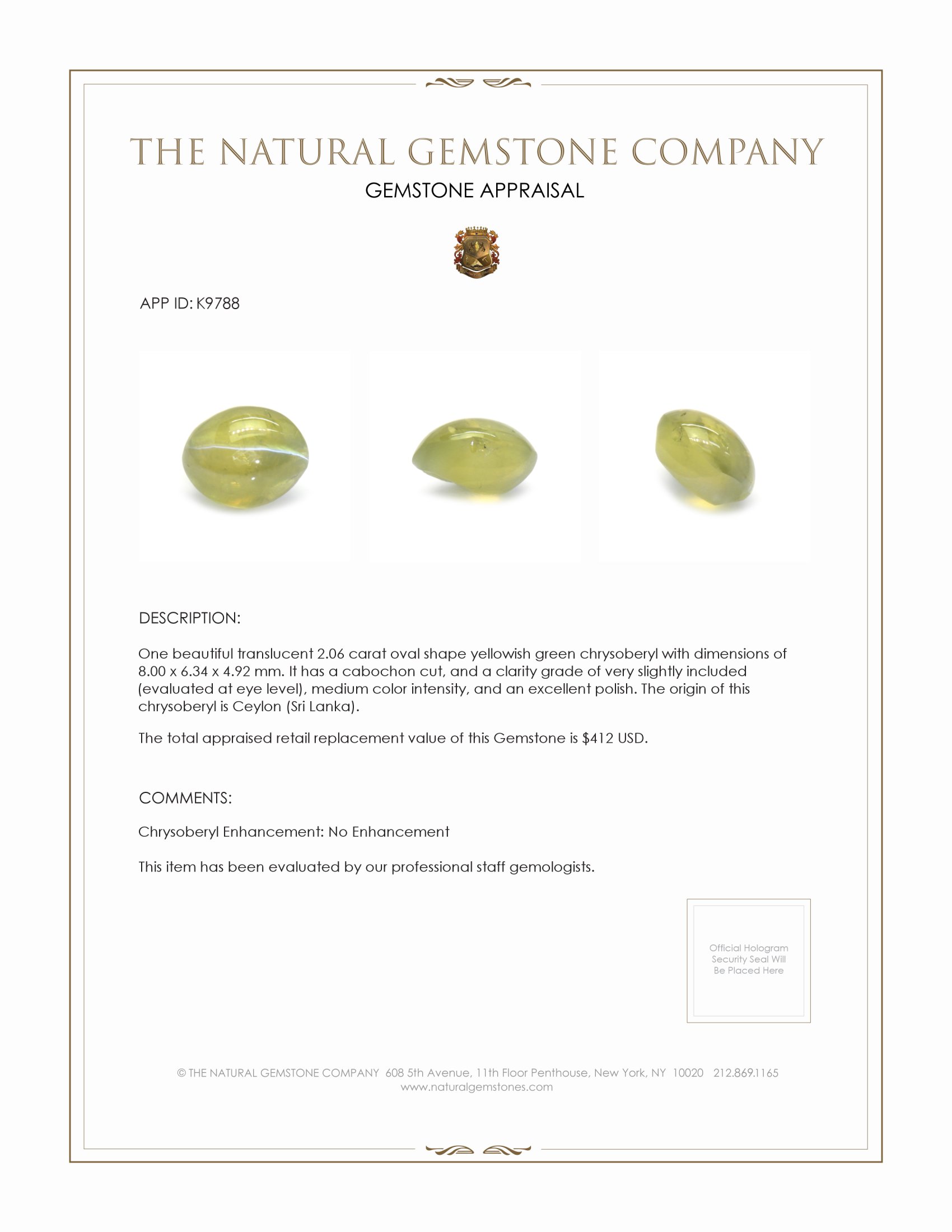 2.06 Ct. Yellowish Green Cabochon Chrysoberyl from Ceylon (Sri Lanka)