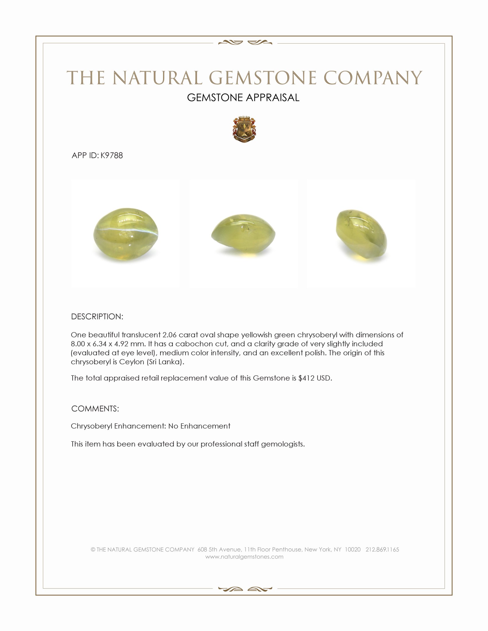 2.06 Ct. Cabochon Chrysoberyl from Ceylon (Sri Lanka)