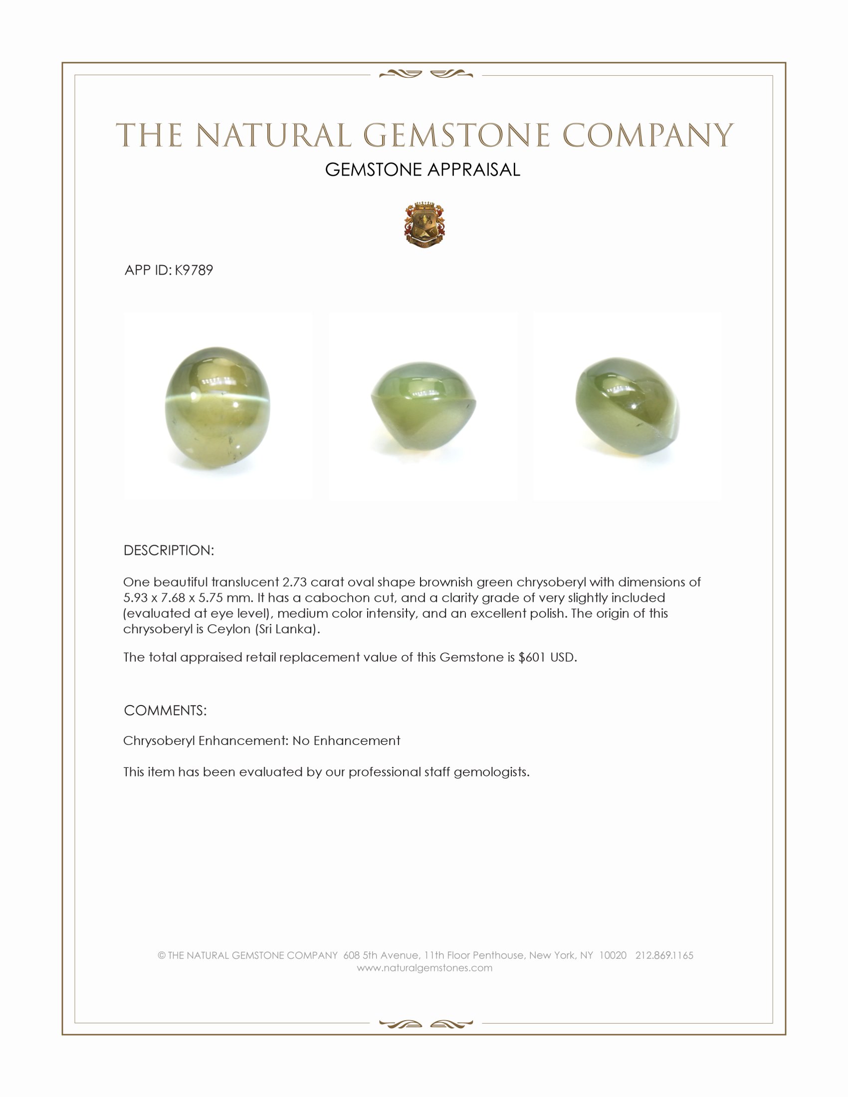 2.73 Ct. Brownish Green Cabochon Chrysoberyl from Ceylon (Sri Lanka)