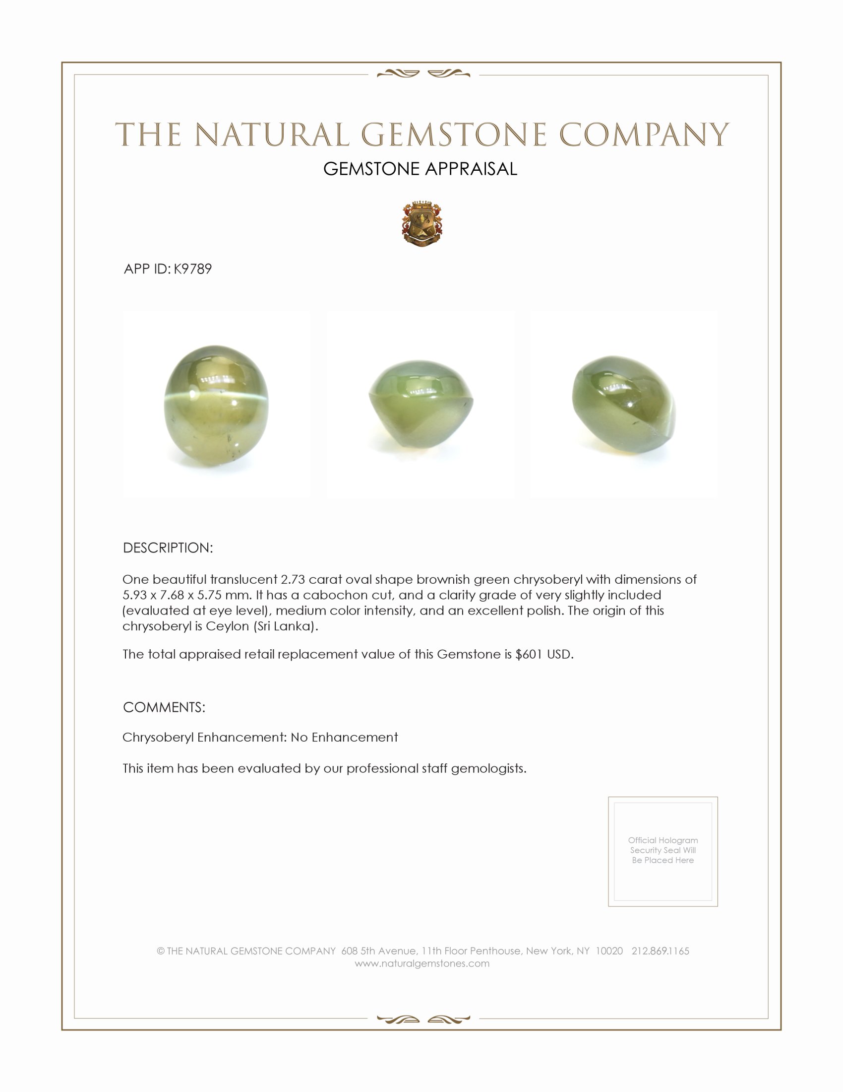 2.73 Ct. Cabochon Chrysoberyl from Ceylon (Sri Lanka)