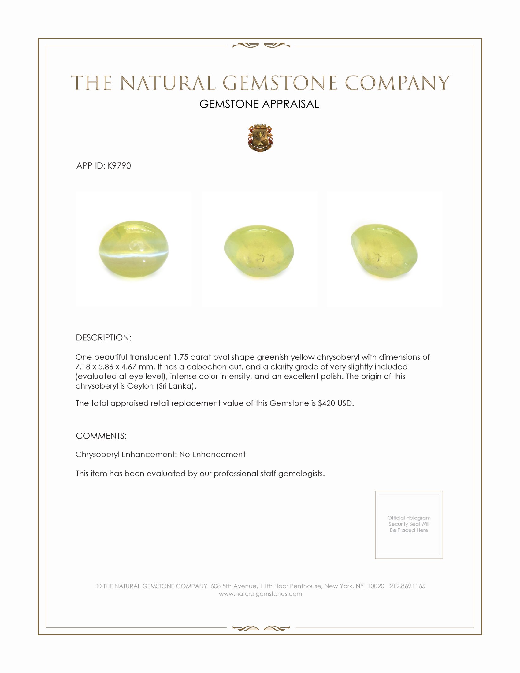 1.75 Ct. Cabochon Chrysoberyl from Ceylon (Sri Lanka)