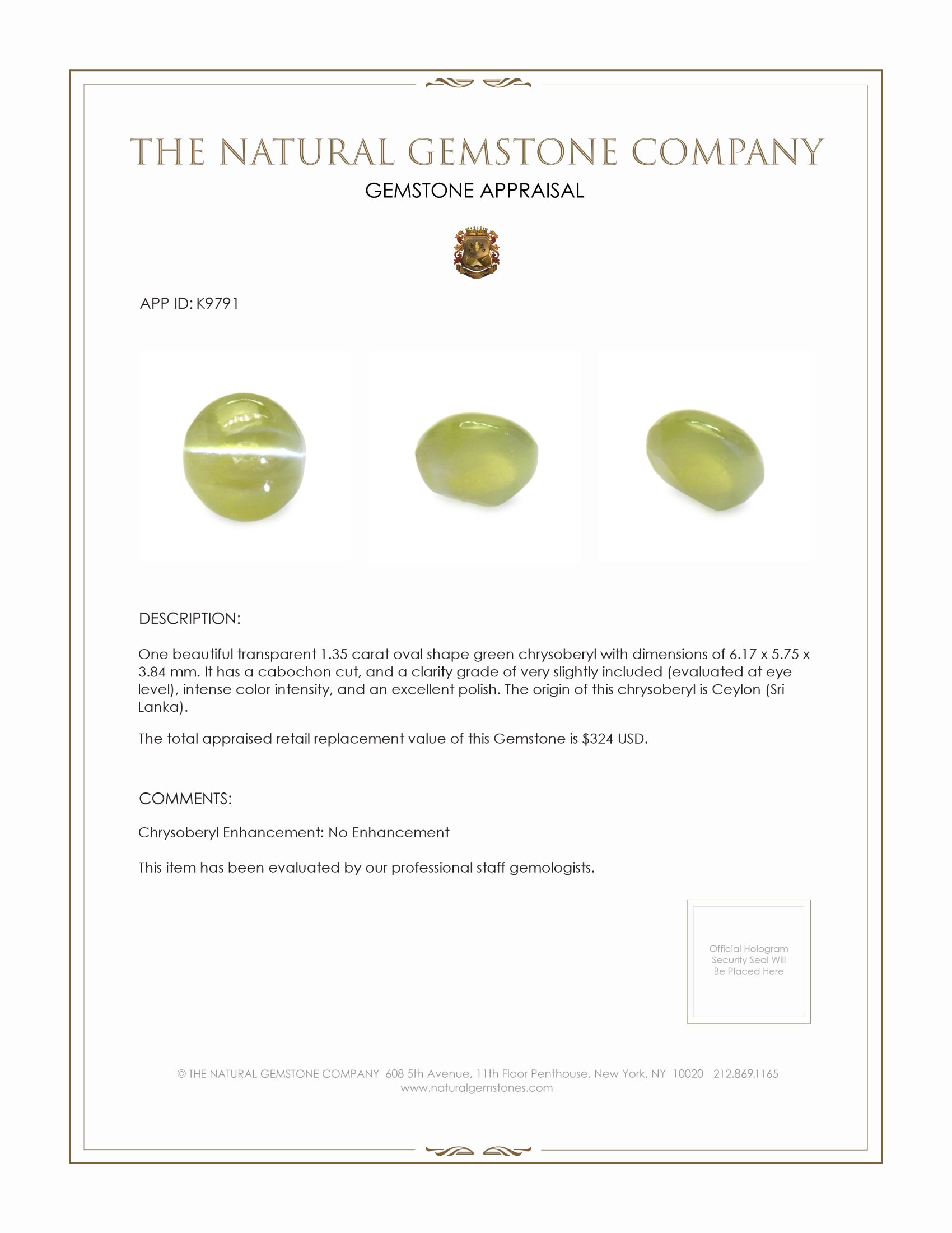 1.35 Ct. Cabochon Chrysoberyl from Ceylon (Sri Lanka)