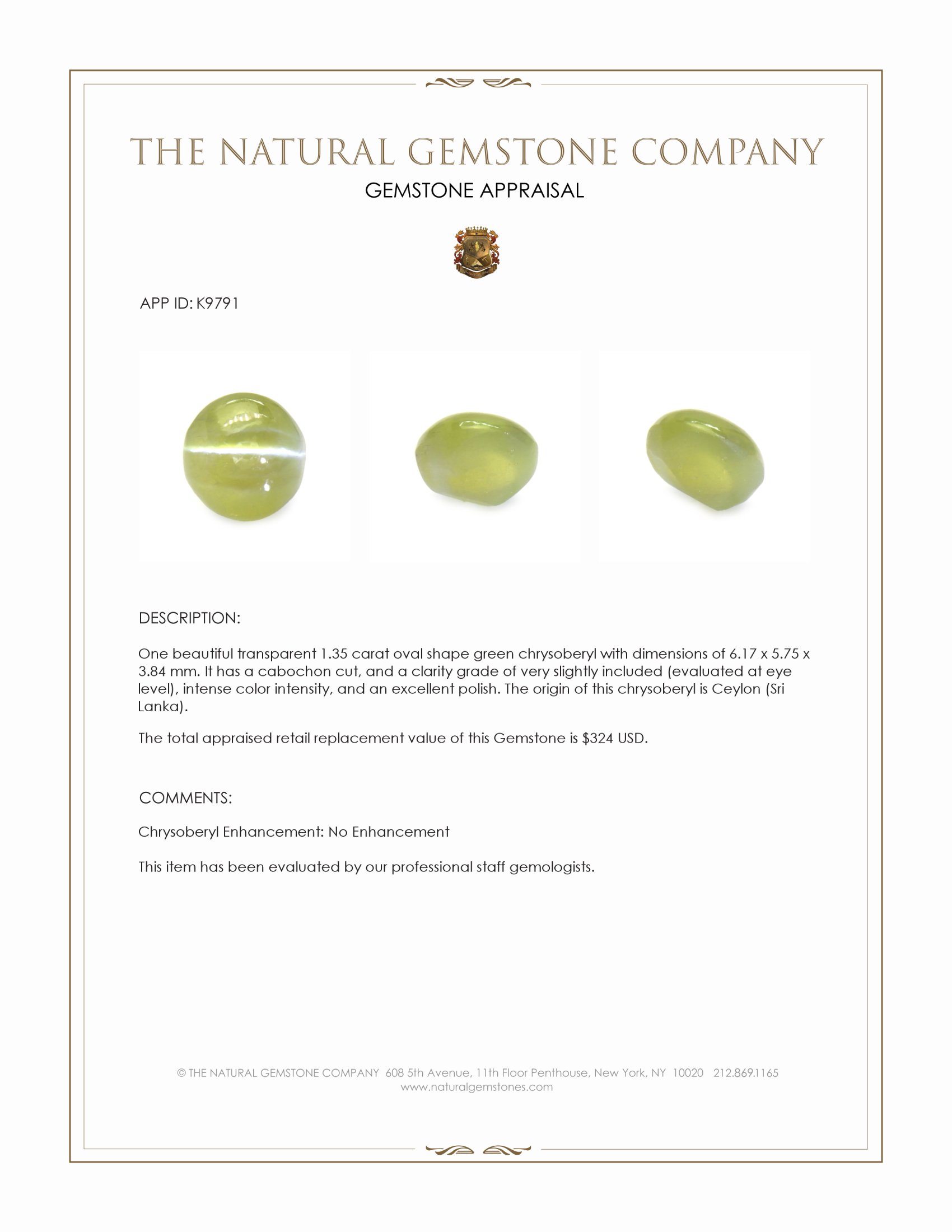 1.35 Ct. Green Cabochon Chrysoberyl from Ceylon (Sri Lanka)