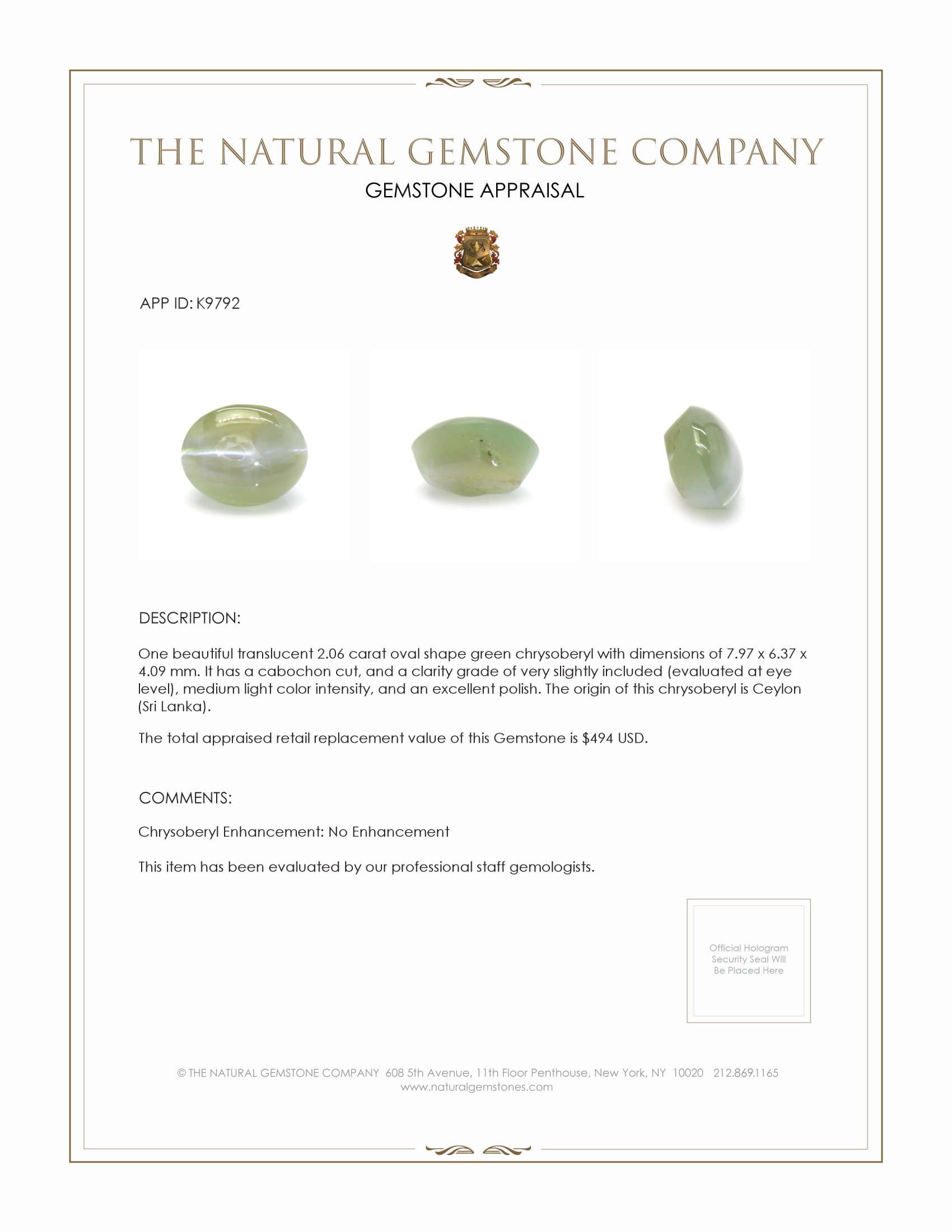 2.06 Ct. Cabochon Chrysoberyl from Ceylon (Sri Lanka)