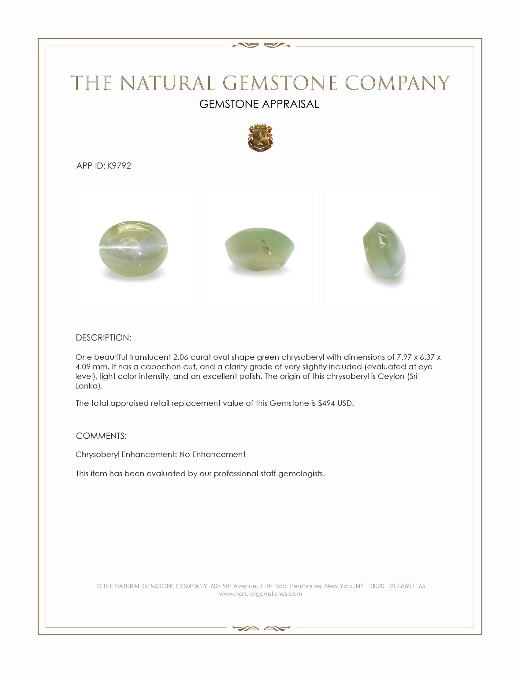 2.06 Ct. Cabochon Chrysoberyl from Ceylon (Sri Lanka)