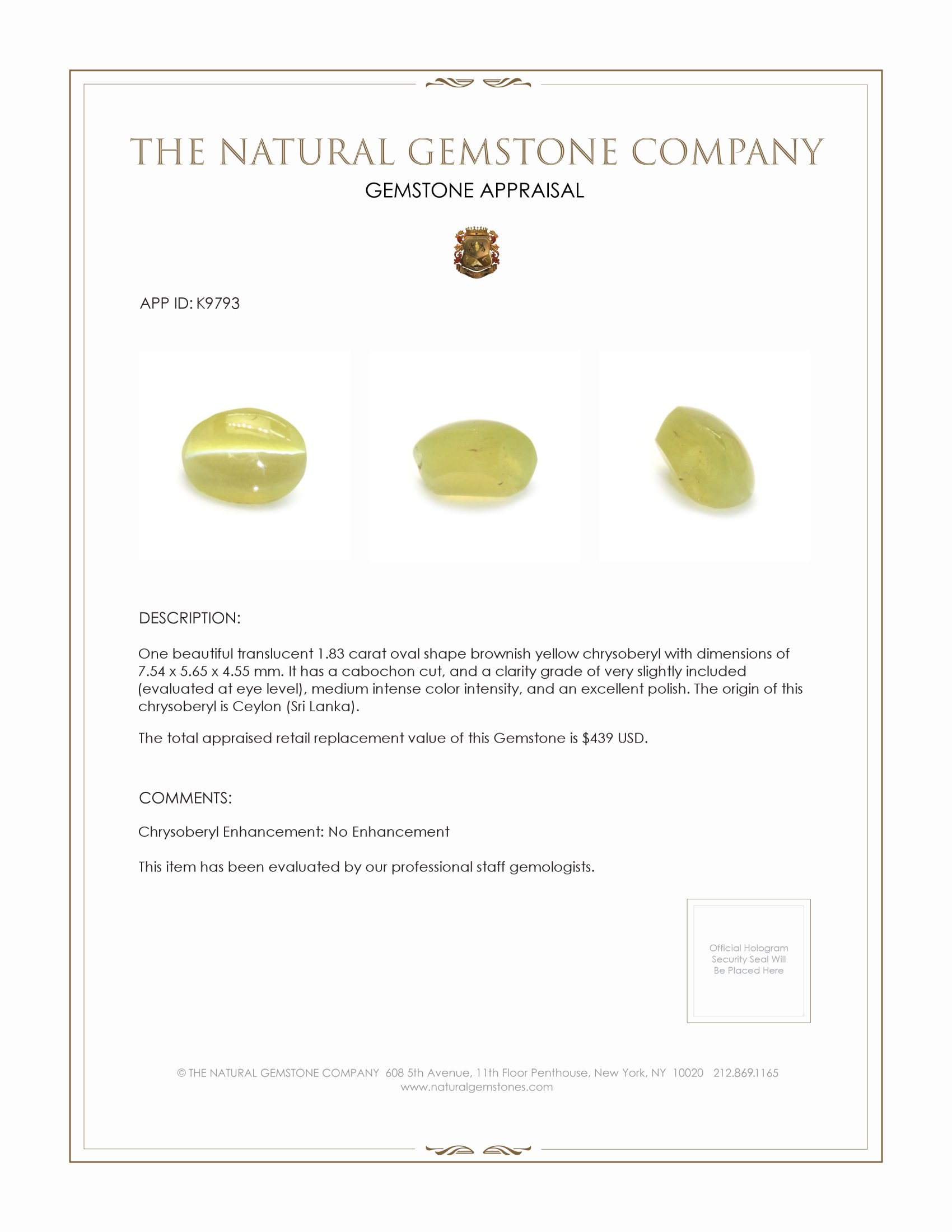 1.83 Ct. Cabochon Chrysoberyl from Ceylon (Sri Lanka)