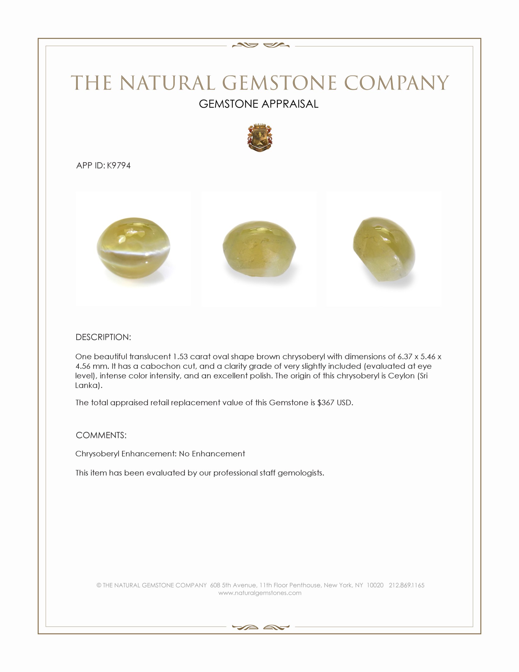 1.53 Ct. Cabochon Chrysoberyl from Ceylon (Sri Lanka)