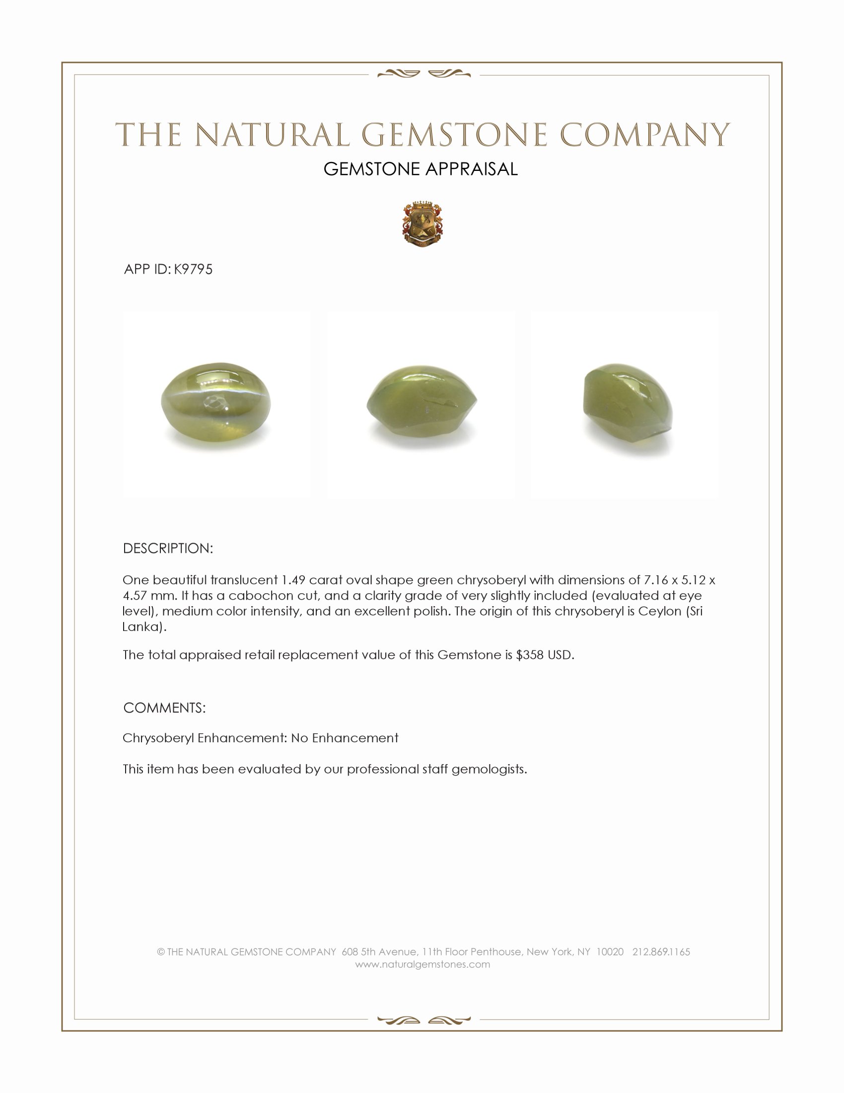 1.49 Ct. Cabochon Chrysoberyl from Ceylon (Sri Lanka)