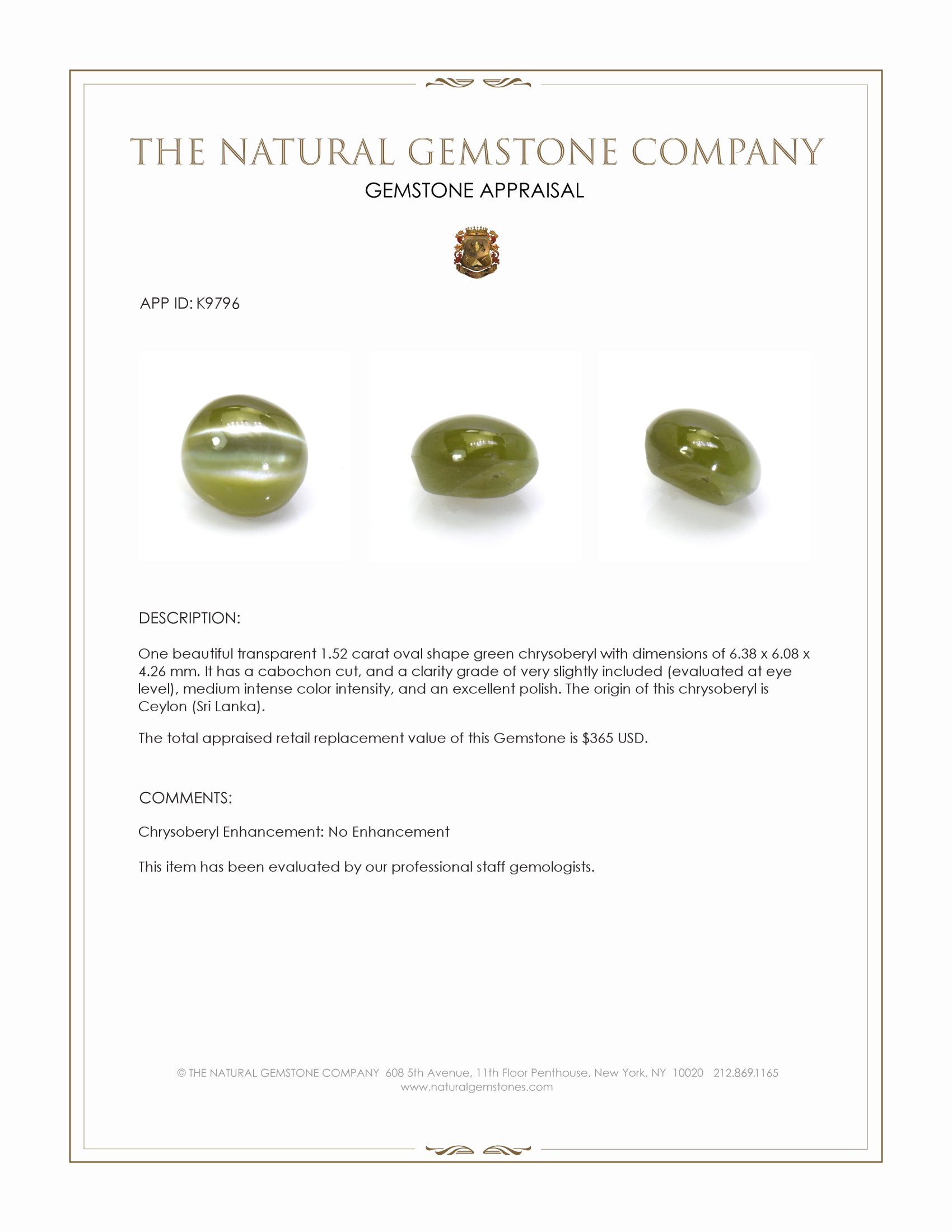 1.52 Ct. Cabochon Chrysoberyl from Ceylon (Sri Lanka)