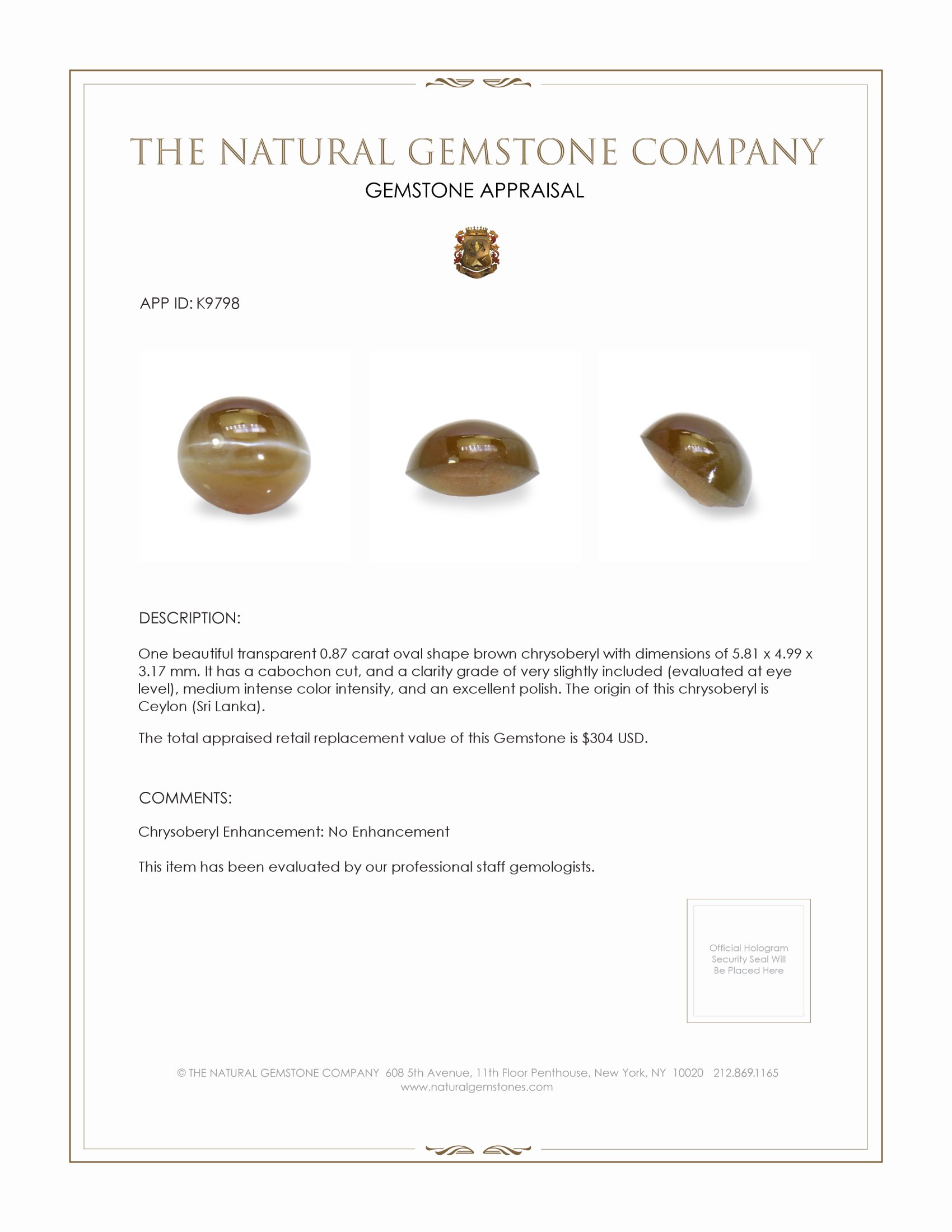 0.87 Ct. Brown Cabochon Chrysoberyl from Ceylon (Sri Lanka)