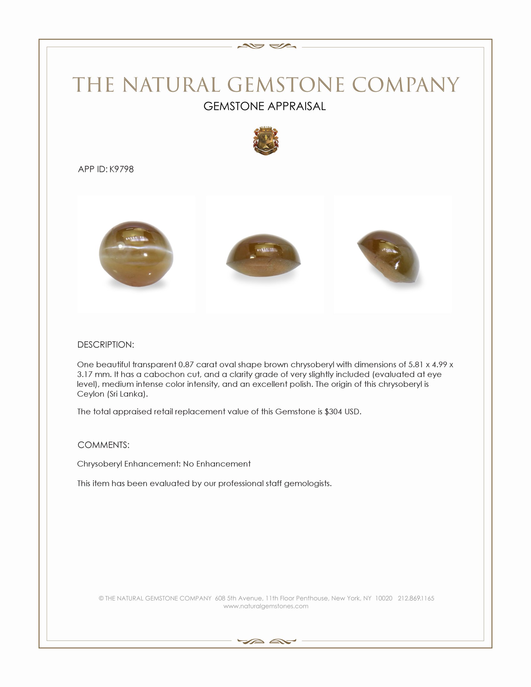 0.87 Ct. Cabochon Chrysoberyl from Ceylon (Sri Lanka)