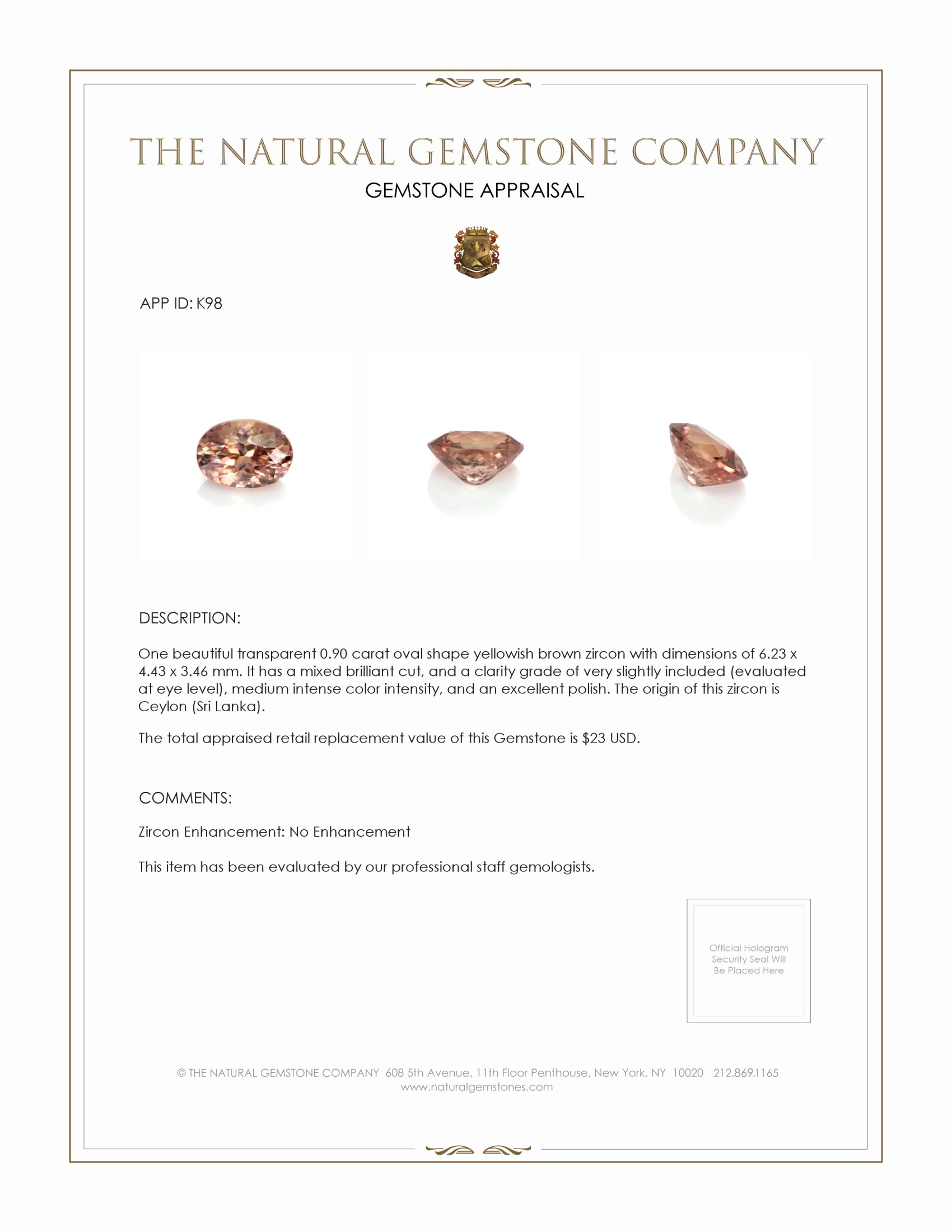 0.90 Ct. Orangish Brown Zircon from Ceylon (Sri Lanka)