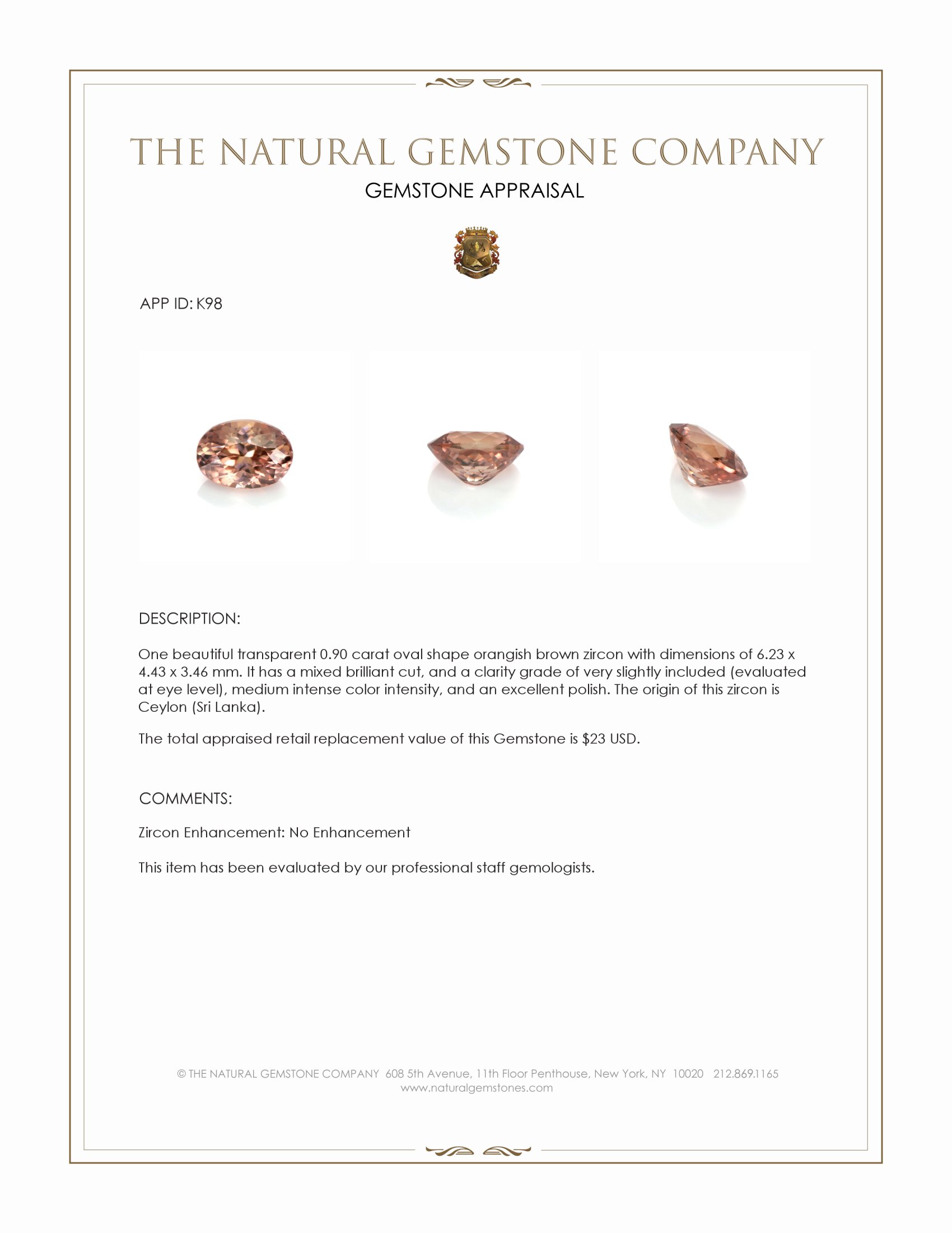 0.90 Ct. Zircon from Ceylon (Sri Lanka)