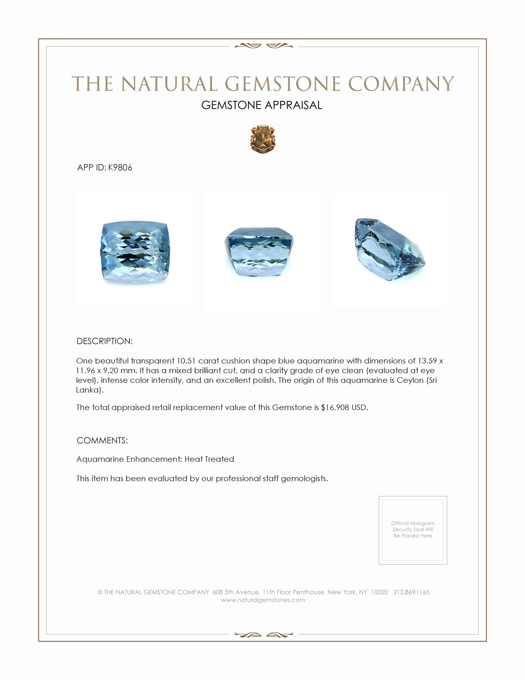 10.51 Ct. Aquamarine from Ceylon (Sri Lanka)