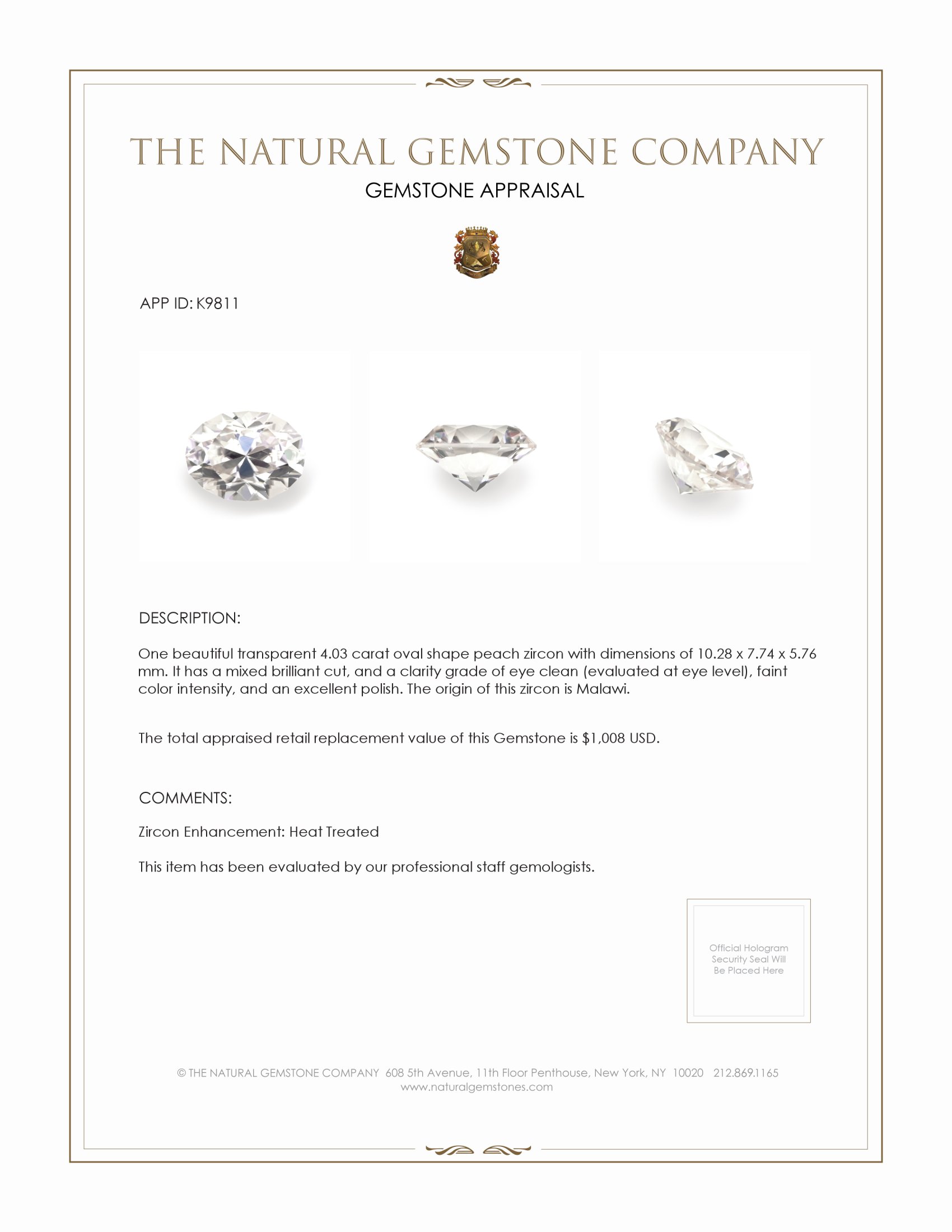 4.03 Ct. Zircon from Malawi