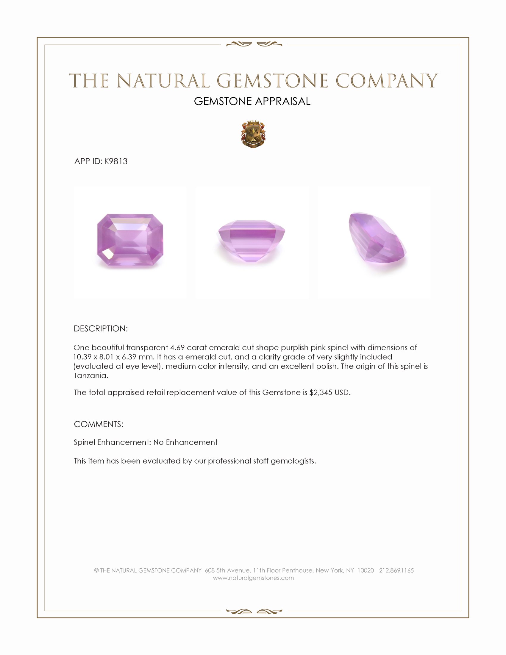 4.69 Ct. Purplish Pink Spinel from Tanzania