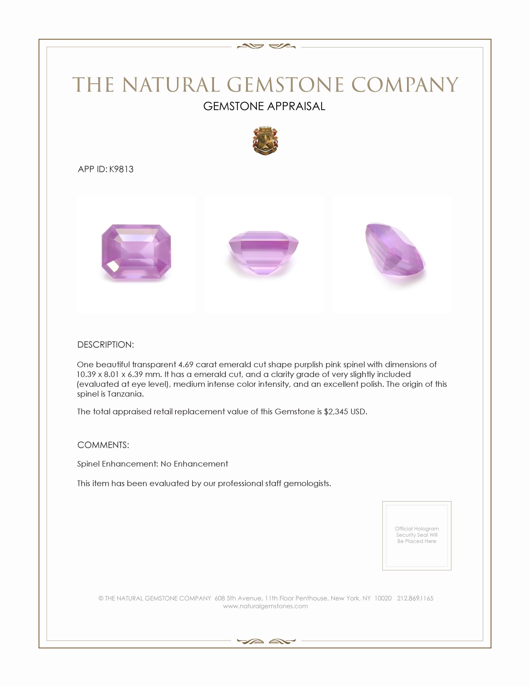 4.69 Ct. Spinel from Tanzania