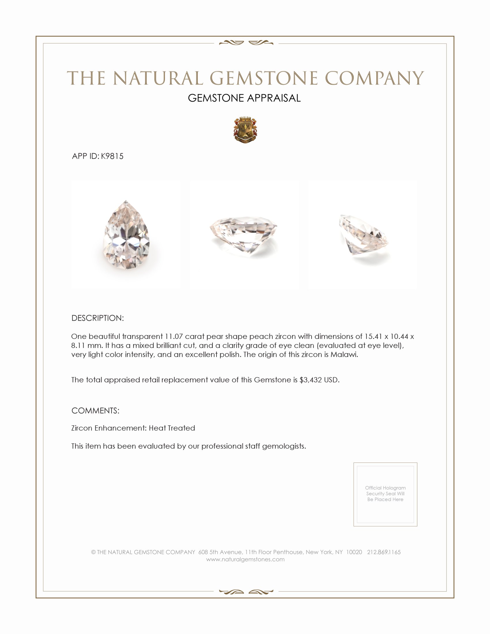 11.07 Ct. Zircon from Malawi