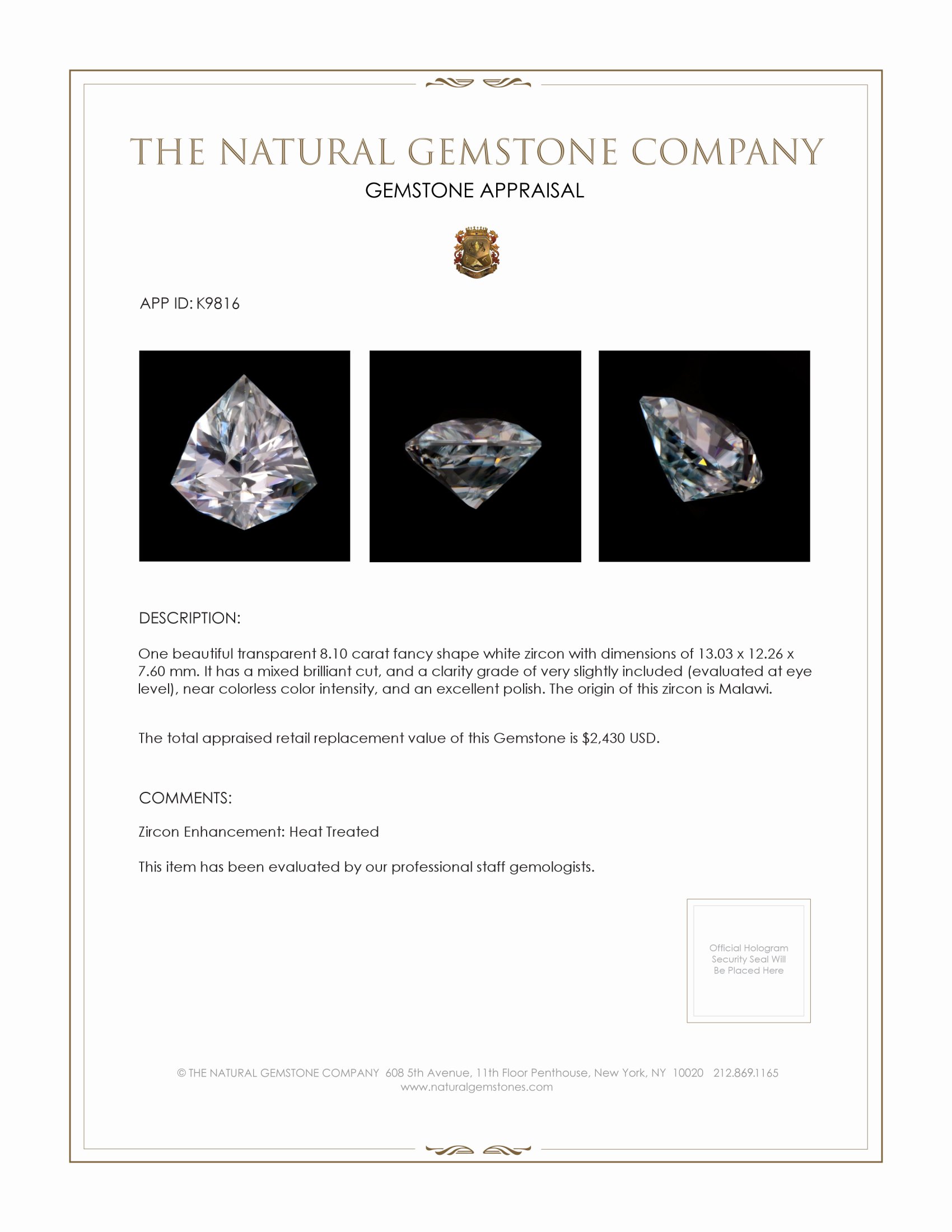 8.10 Ct. Zircon from Malawi