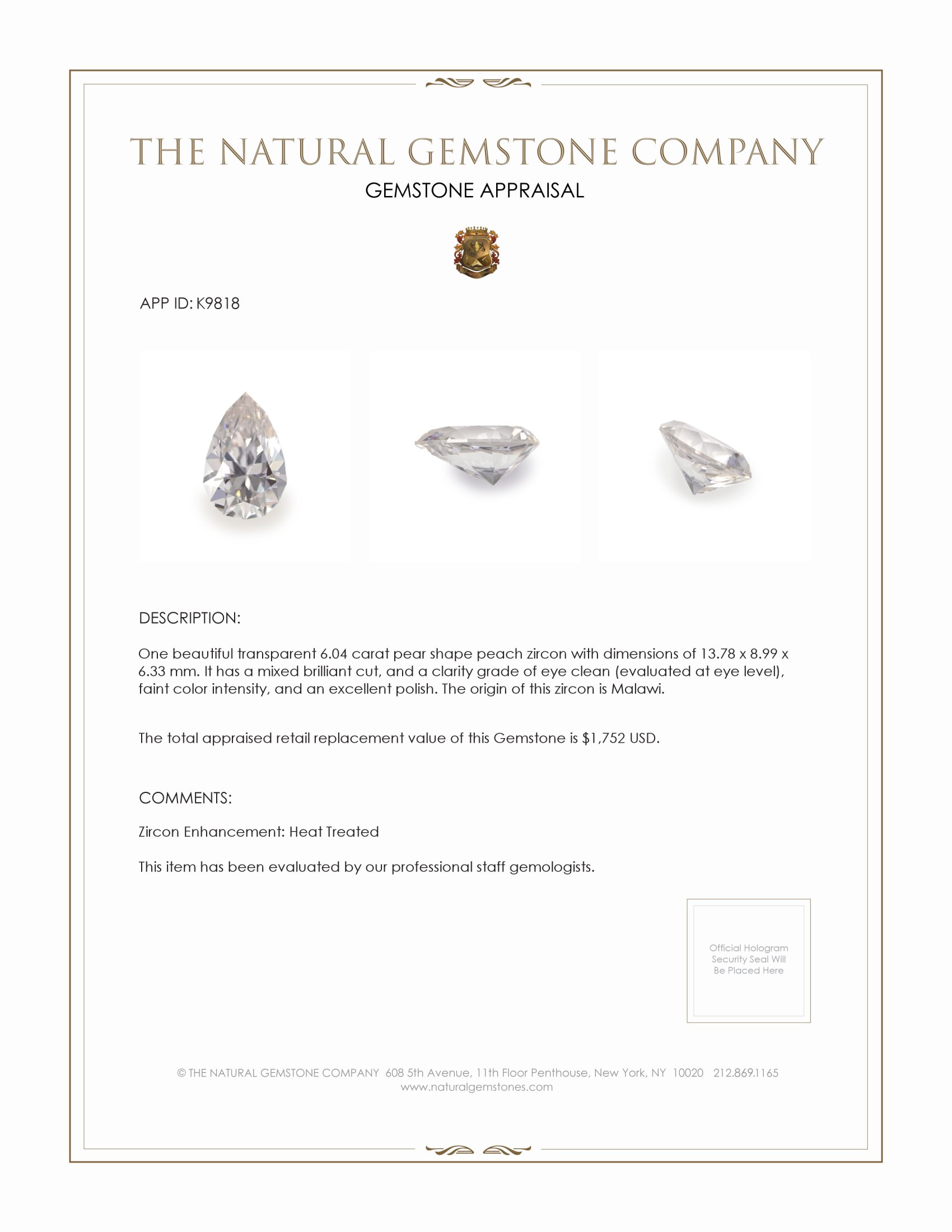 6.04 Ct. Peach Zircon from Malawi
