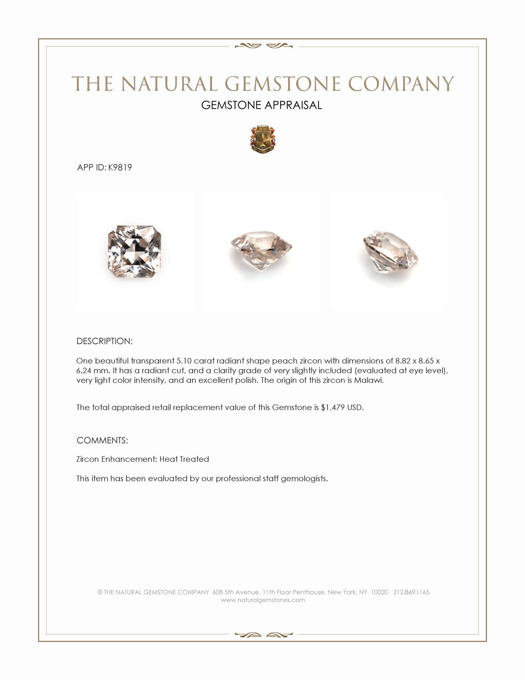5.10 Ct. Peach Zircon from Malawi