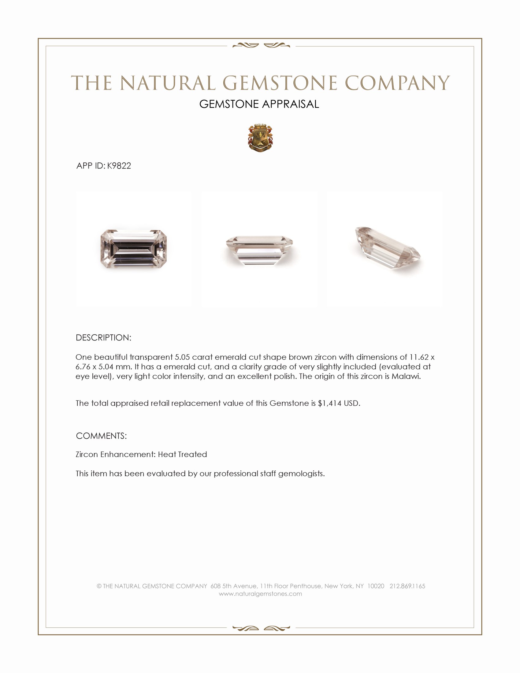 5.05 Ct. Brown Zircon from Malawi