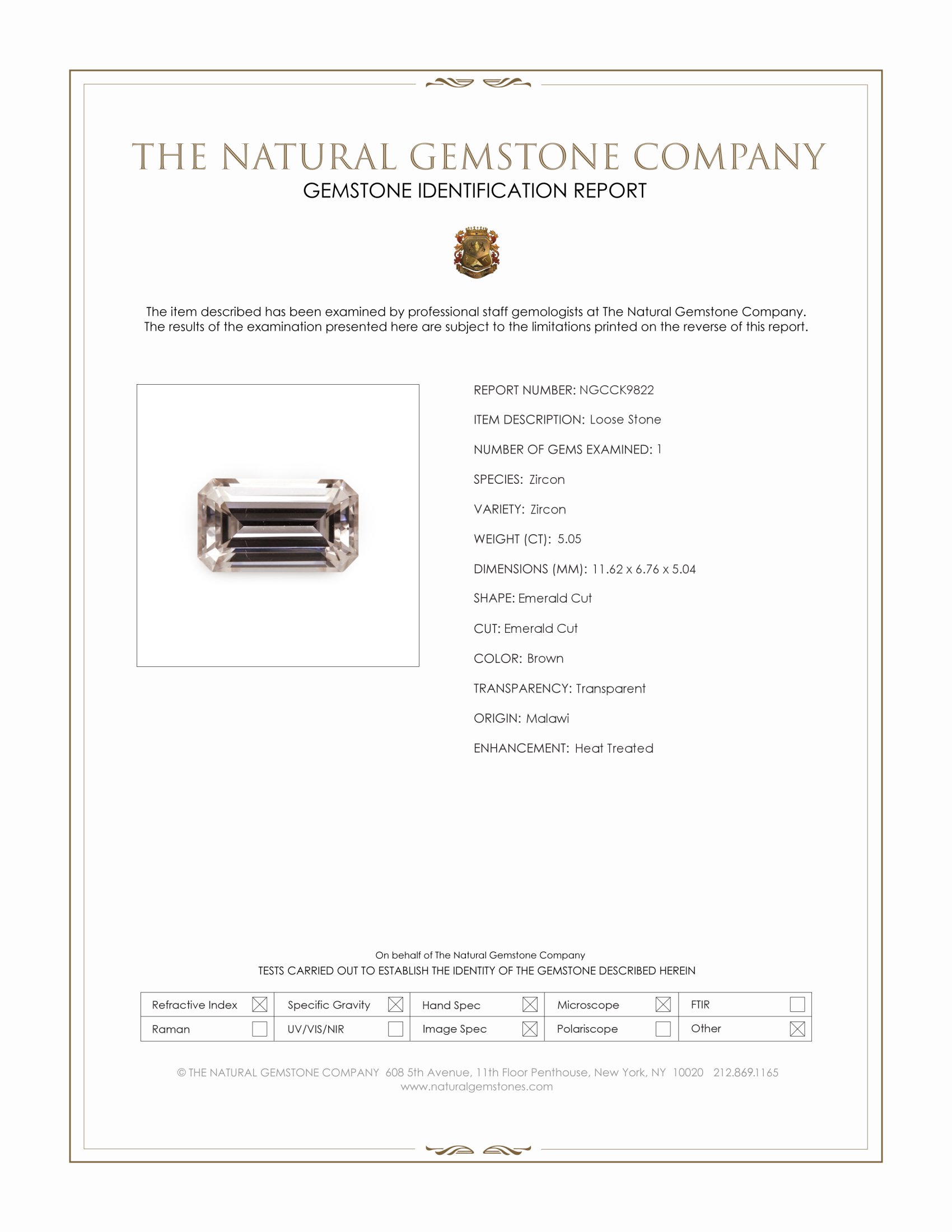 5.05 Ct. Brown Zircon from Malawi