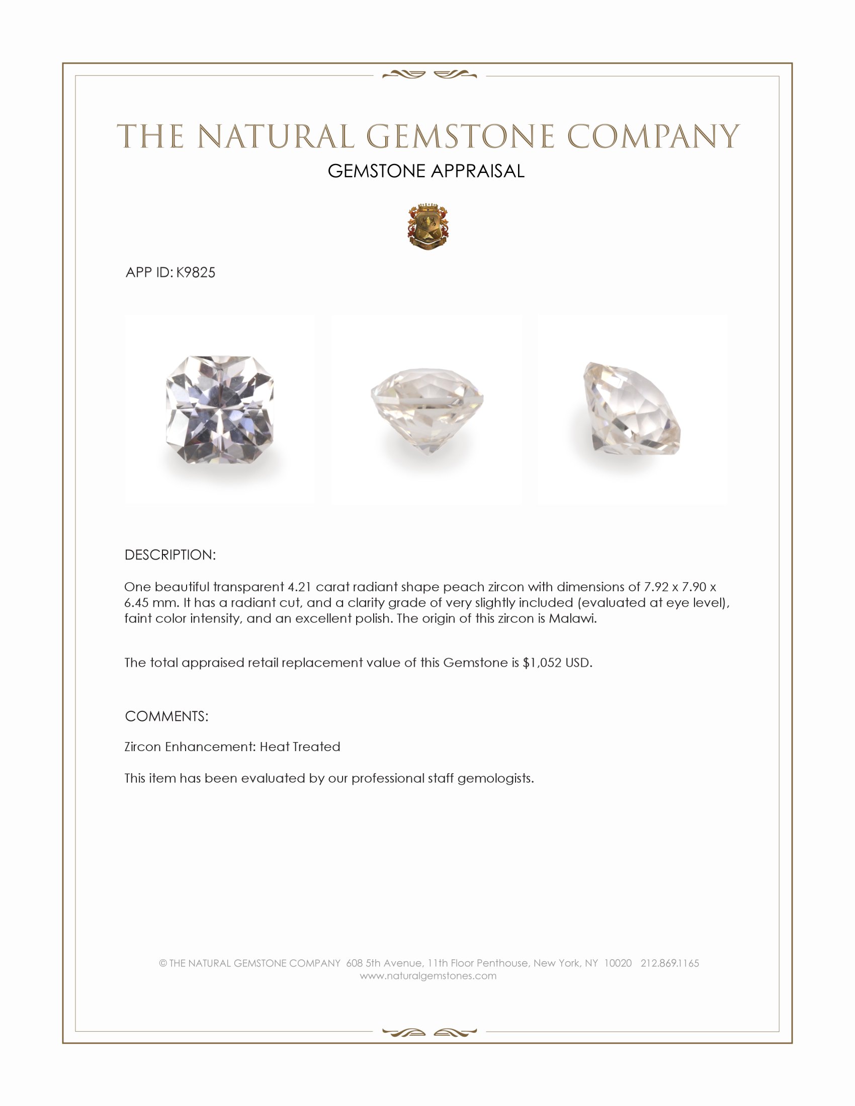 4.21 Ct. Peach Zircon from Malawi