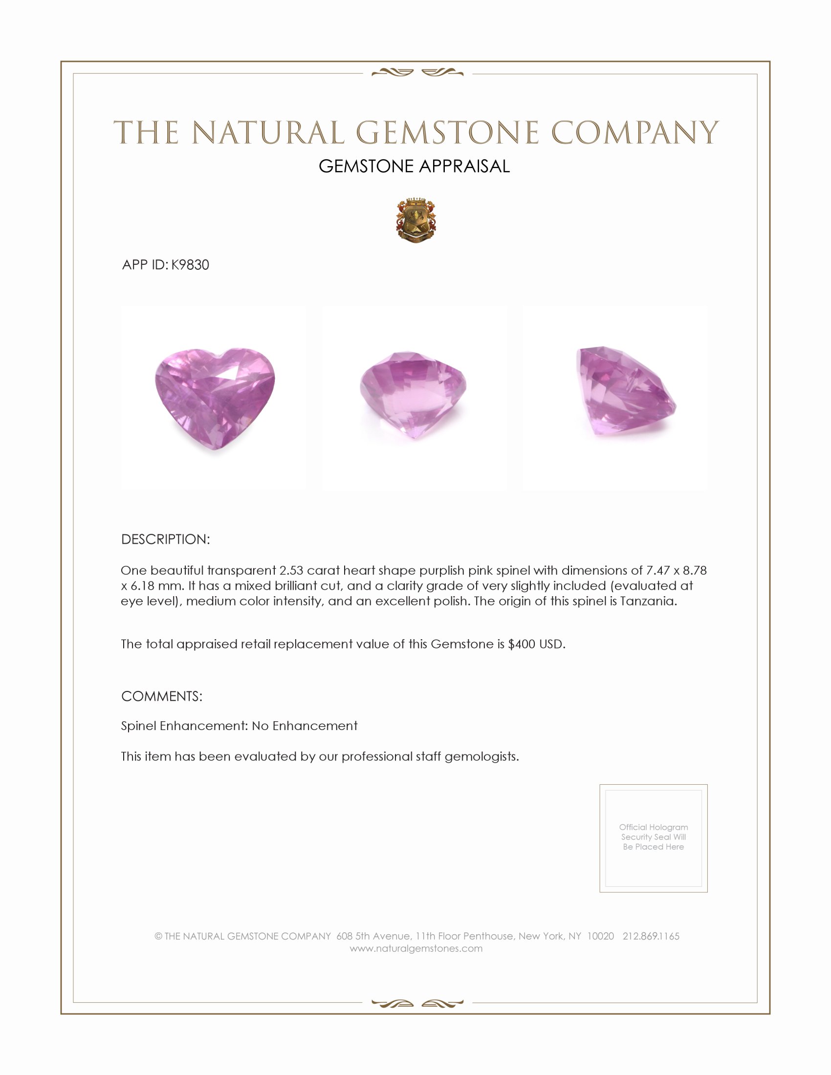 2.53 Ct. Spinel from Tanzania