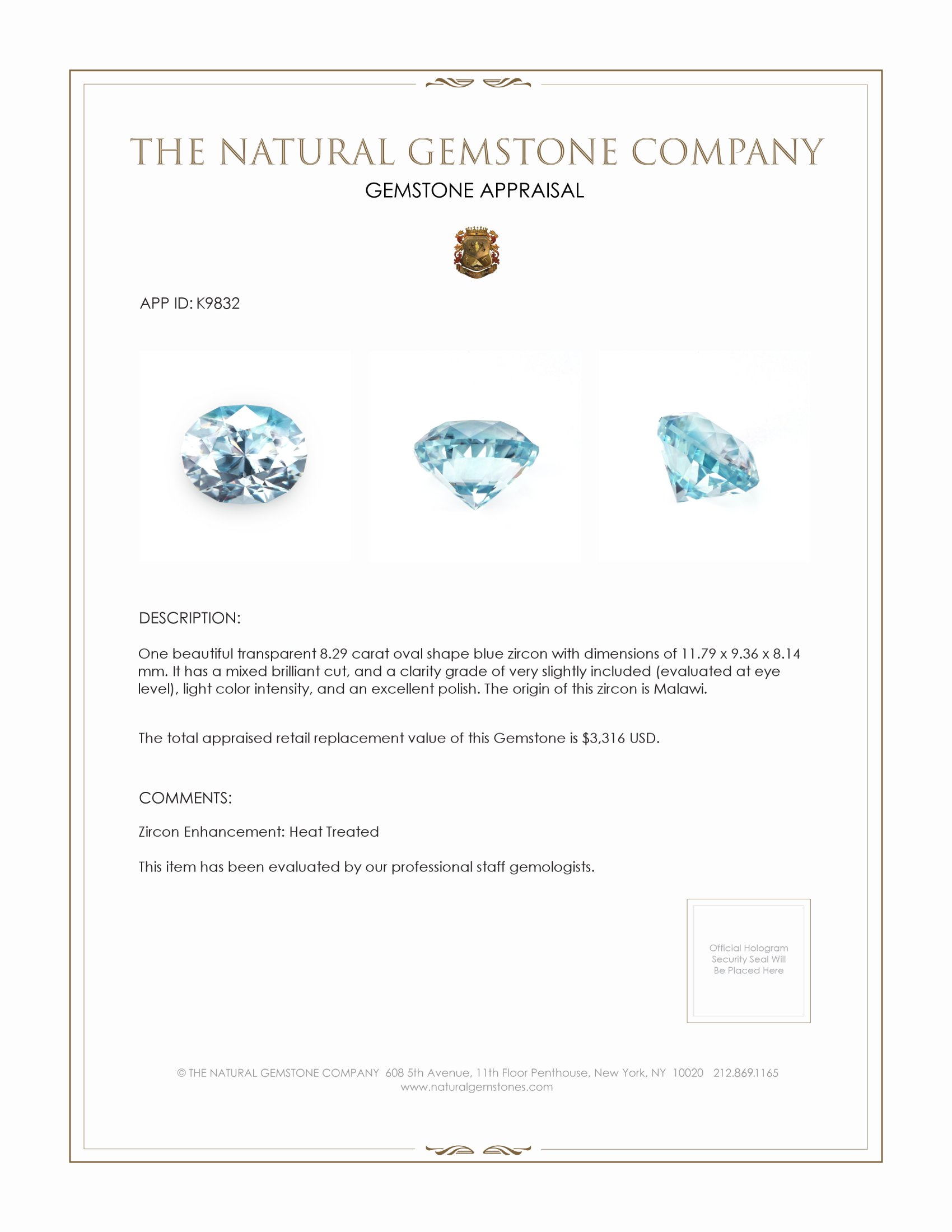 8.29 Ct. Zircon from Malawi