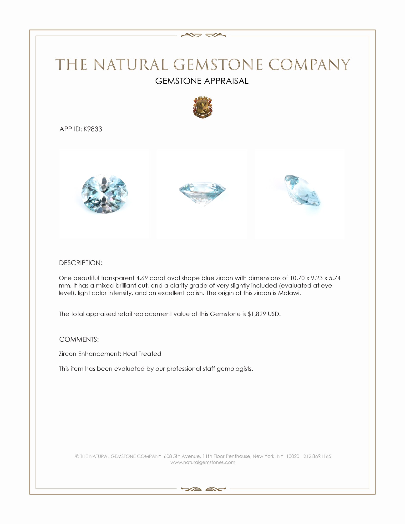4.69 Ct. Blue Zircon from Malawi
