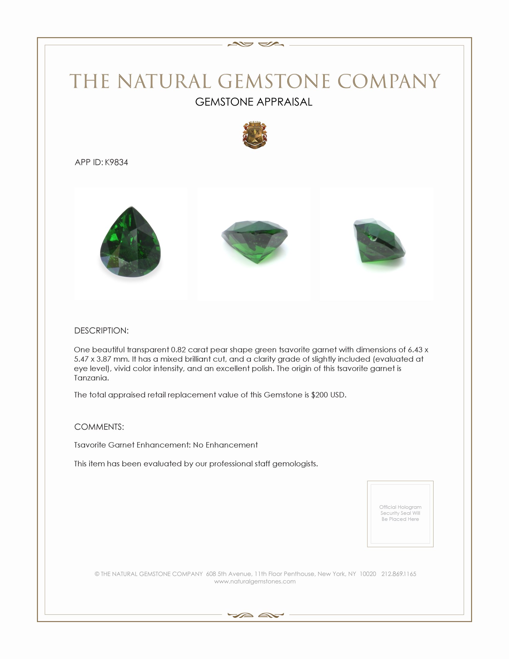 0.82 Ct. Tsavorite Garnet from Tanzania