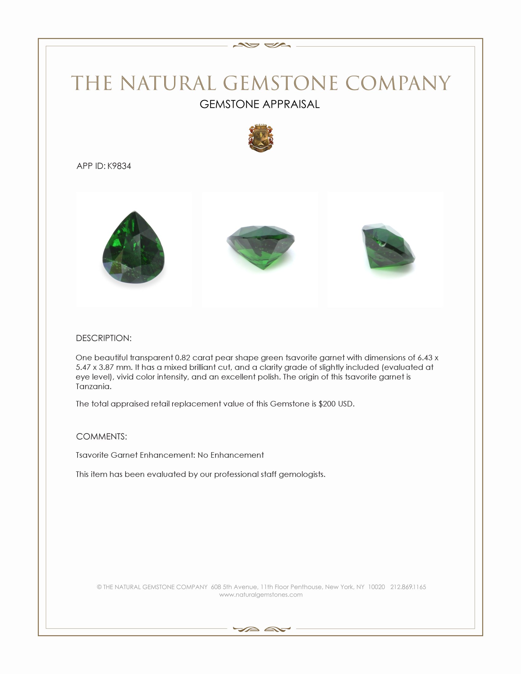 0.82 Ct. Tsavorite Garnet from Tanzania