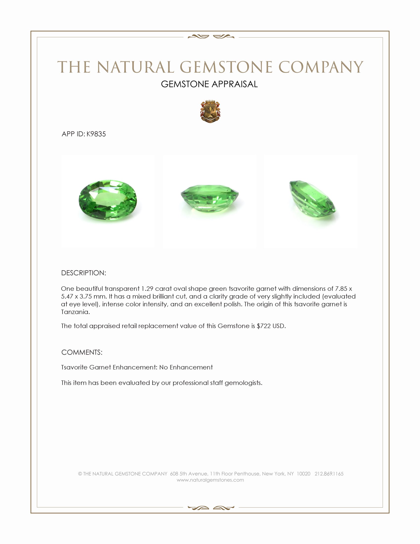 1.29 Ct. Tsavorite Garnet from Tanzania