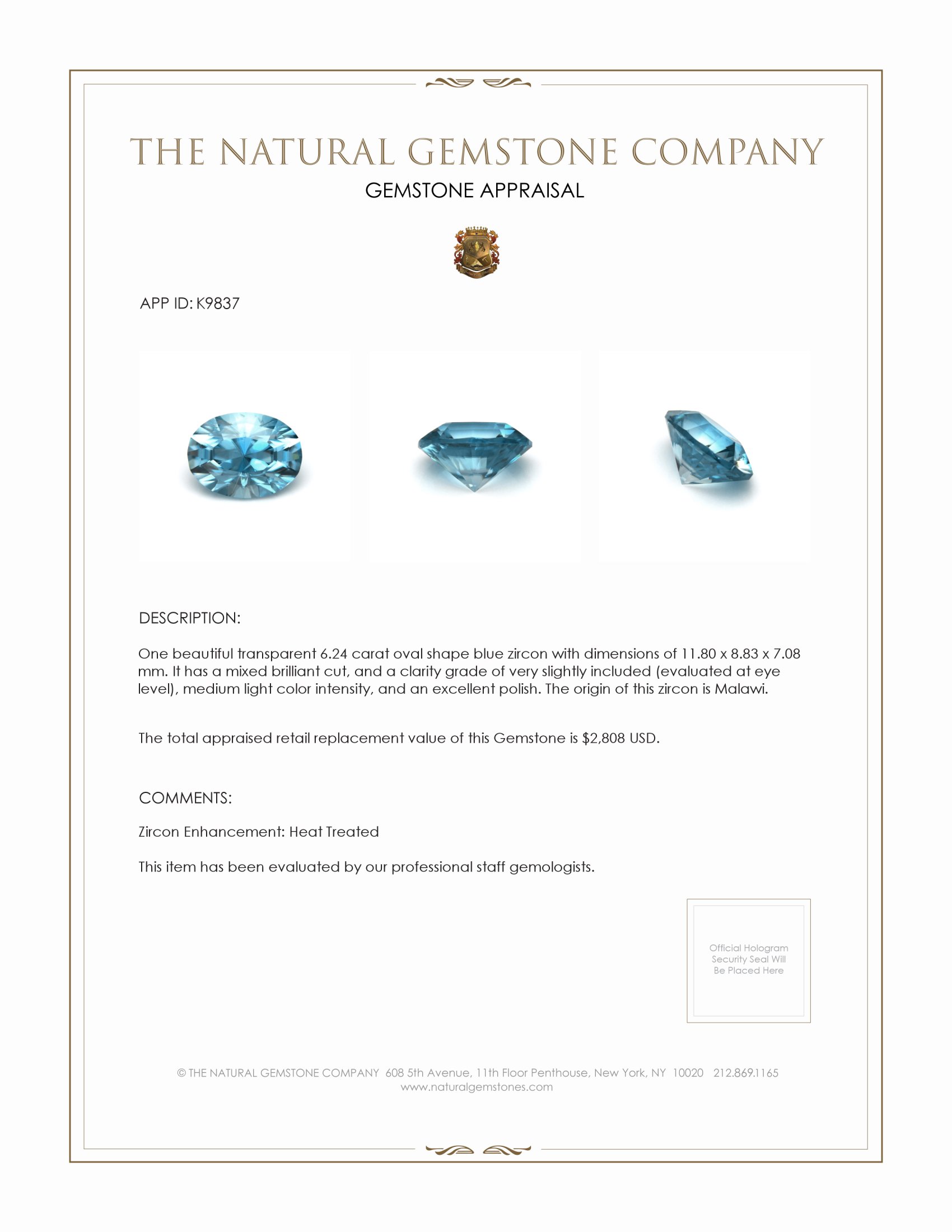 6.24 Ct. Zircon from Malawi