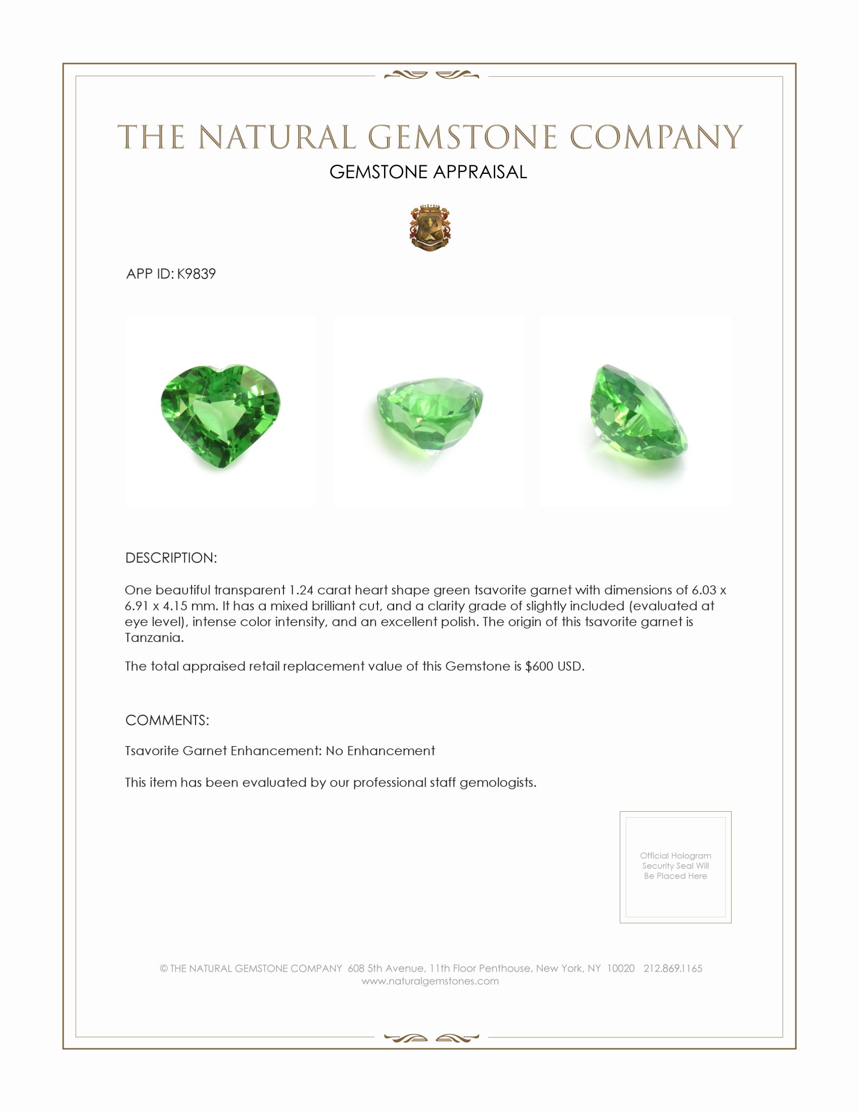 1.24 Ct. Tsavorite Garnet from Tanzania