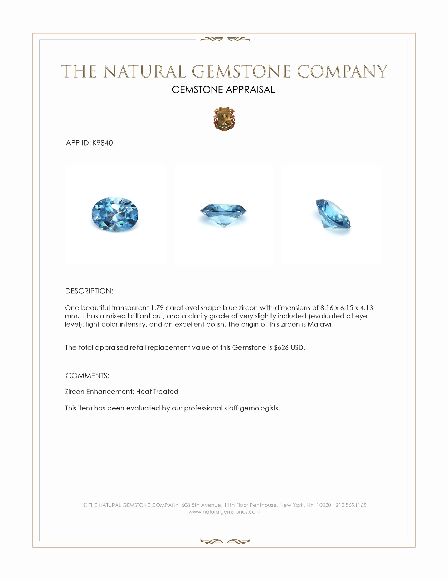 1.79 Ct. Blue Zircon from Malawi