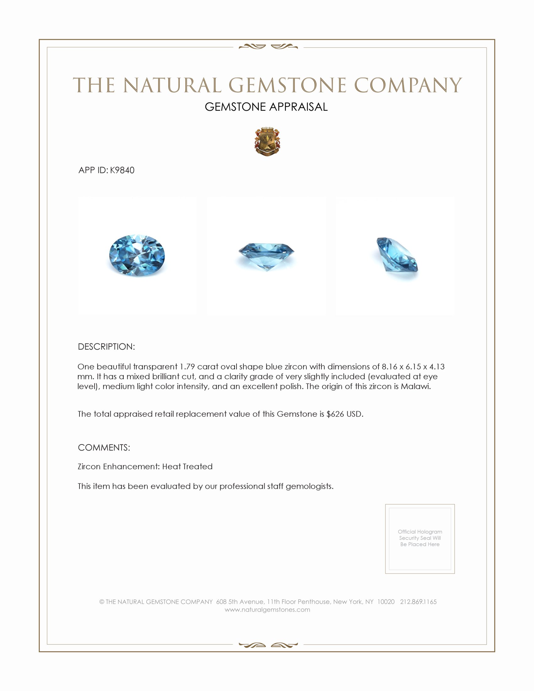 1.79 Ct. Zircon from Malawi