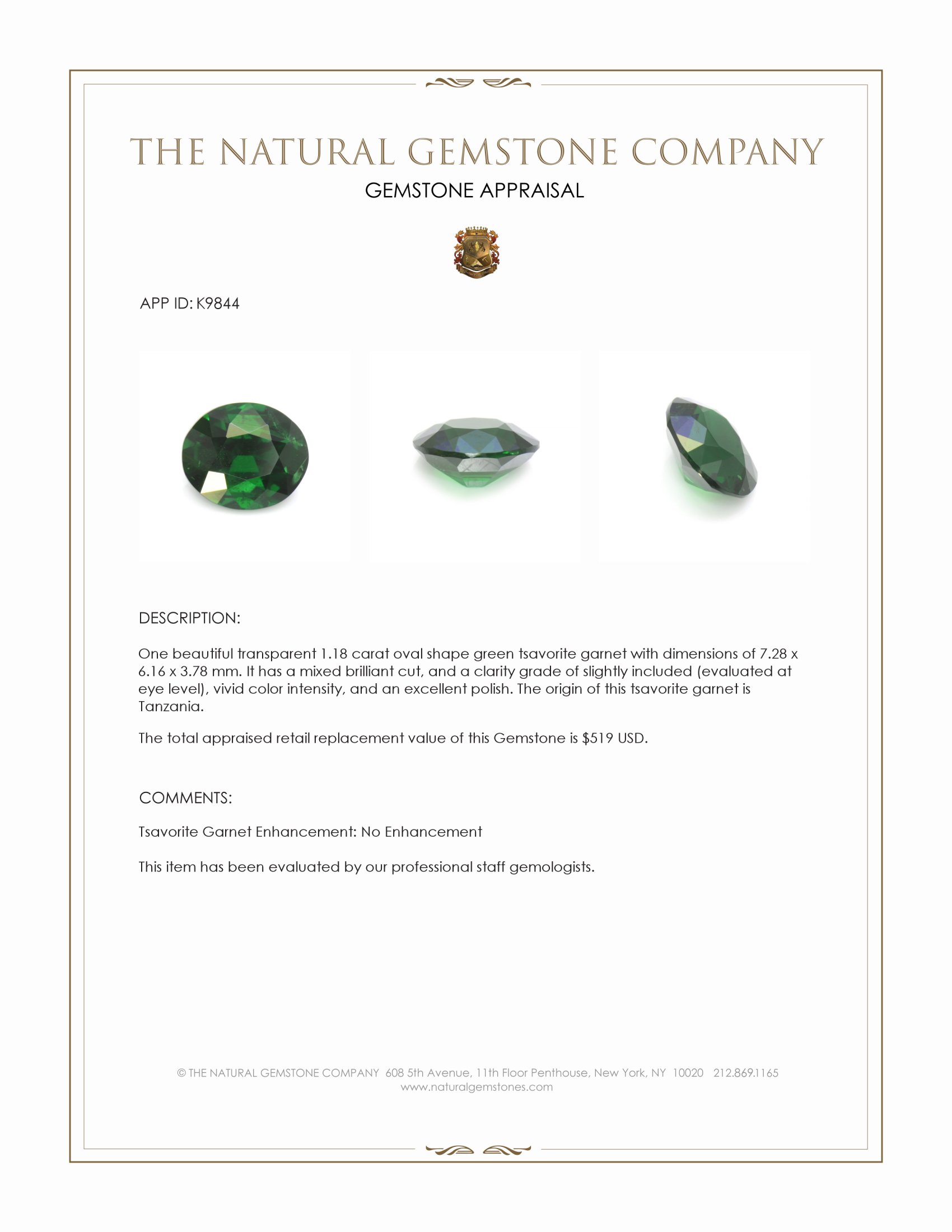 1.18 Ct. Tsavorite Garnet from Tanzania
